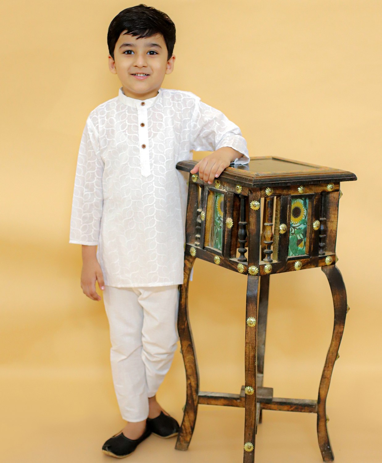 MoMaa Boys Pure Cotton  Full Sleeves Chikankari Embroidered Kurta Pyjama Set - White-picture-25
