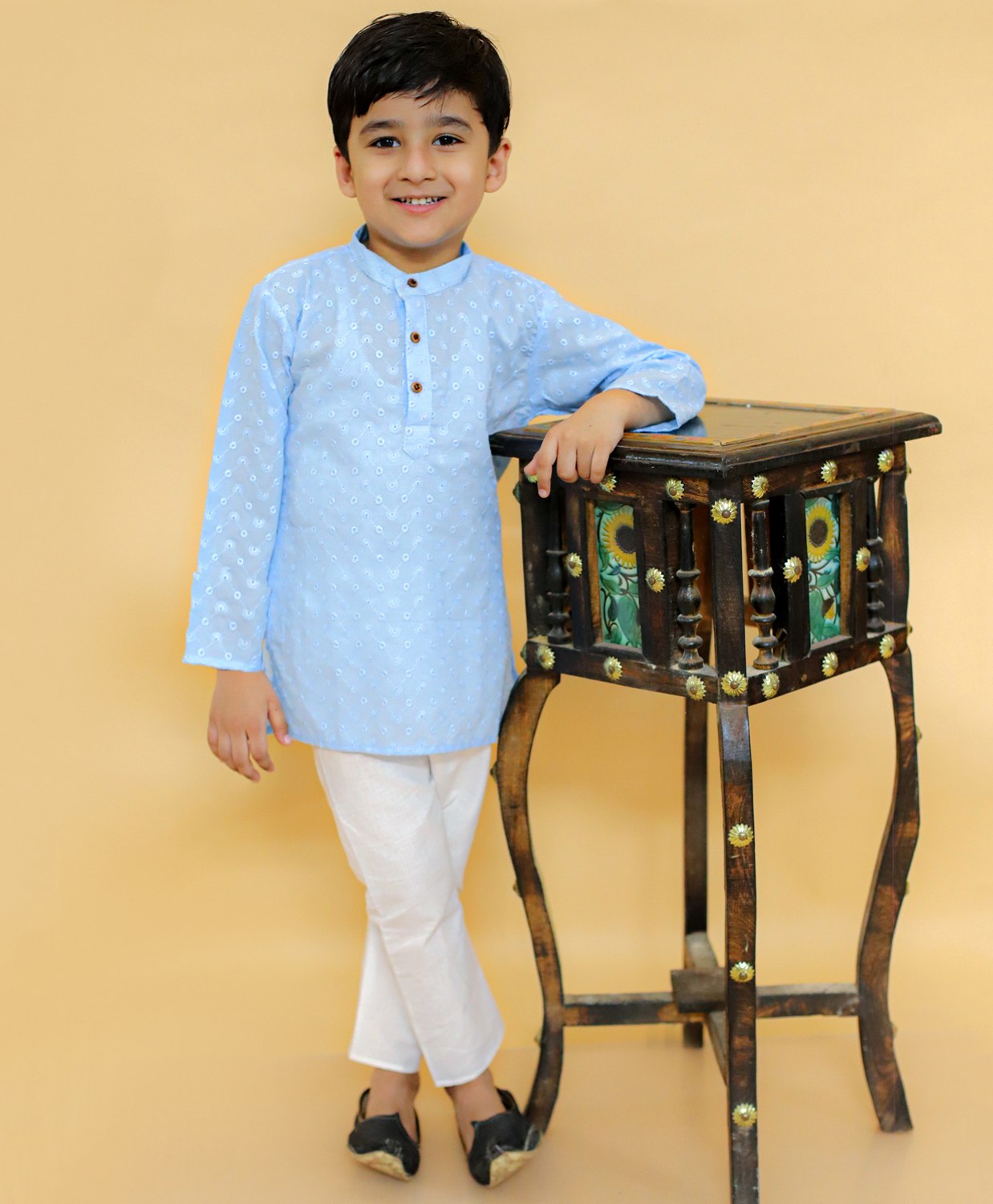 MoMaa Boys Pure CottonFull Sleeves Floral Chikankari Embroidered Kurta Pyjama Set - Sky Blue-picture-27