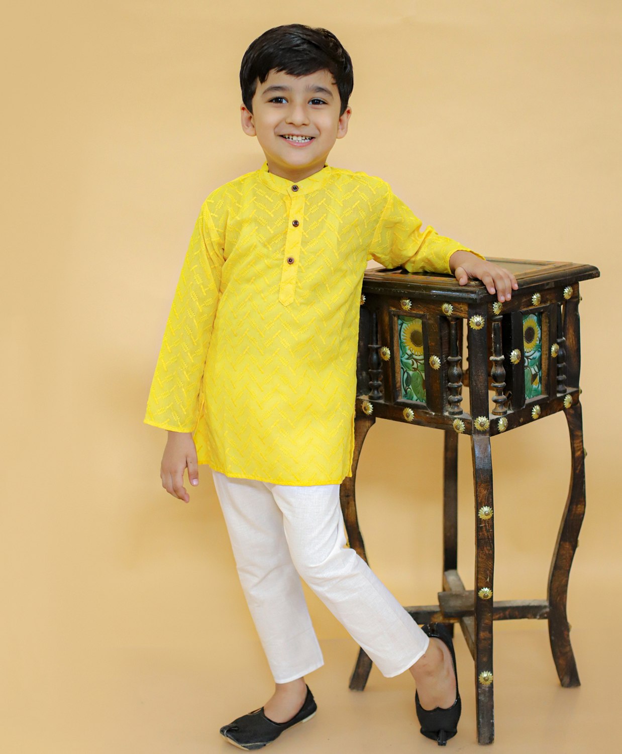 MoMaa Pure CottonFull Sleeves Floral Chikankari Embroidered Kurta Pyjama Set - Yellow-picture-26