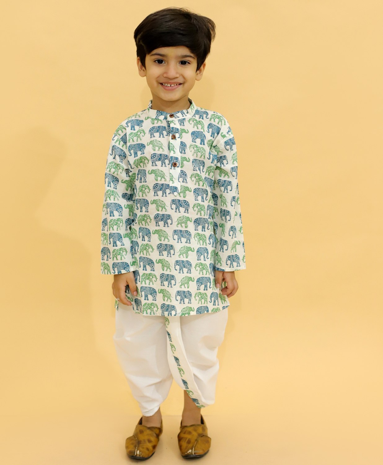 MoMaa Pure Cotton  Full Sleeves Elephant Printed Dhoti Kurta Set - Green & White-picture-17