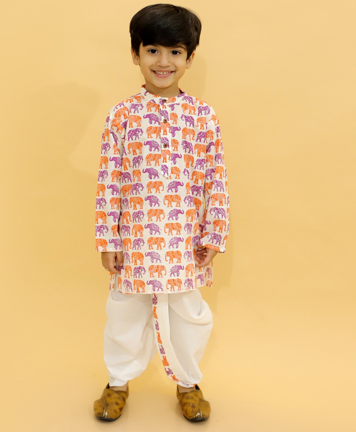 MoMaa Pure Cotton  Full Sleeves Elephant Printed Dhoti Kurta Set - Orange & White-picture-24