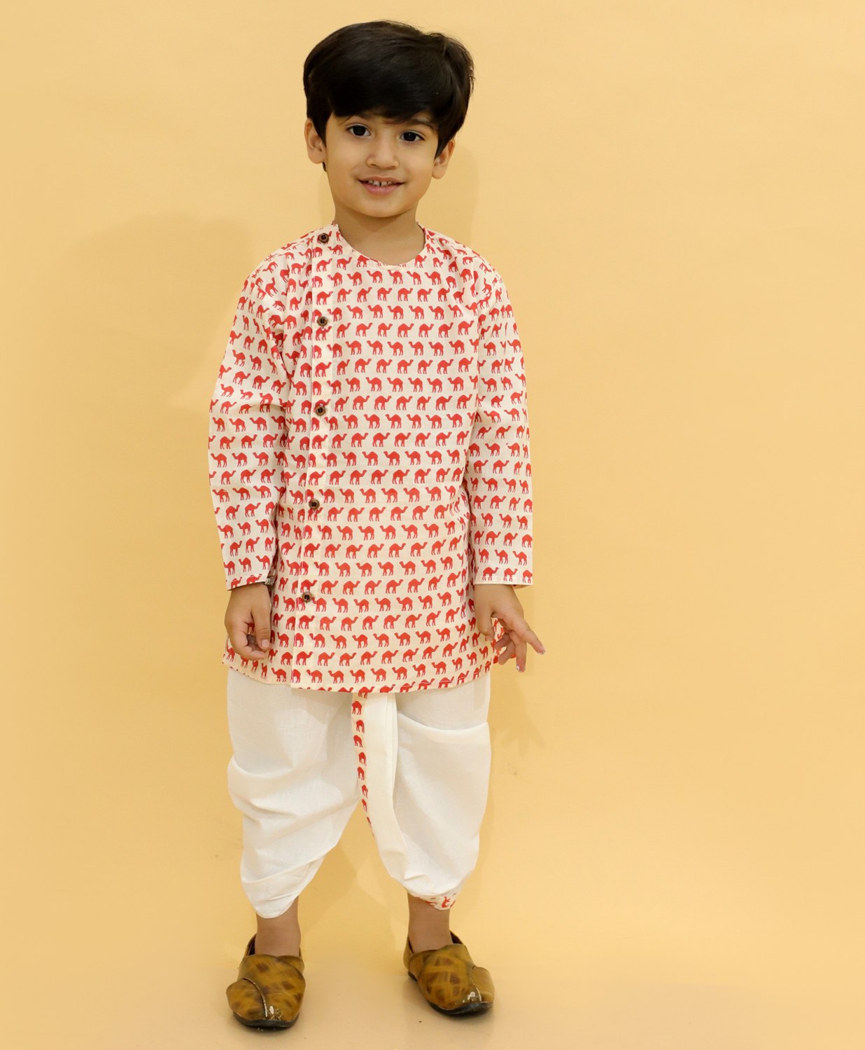 MoMaa Pure Cotton  Full Sleeves Camel Printed Angrakha Style Kurta With Coordinating Dhoti   - Red-picture-0