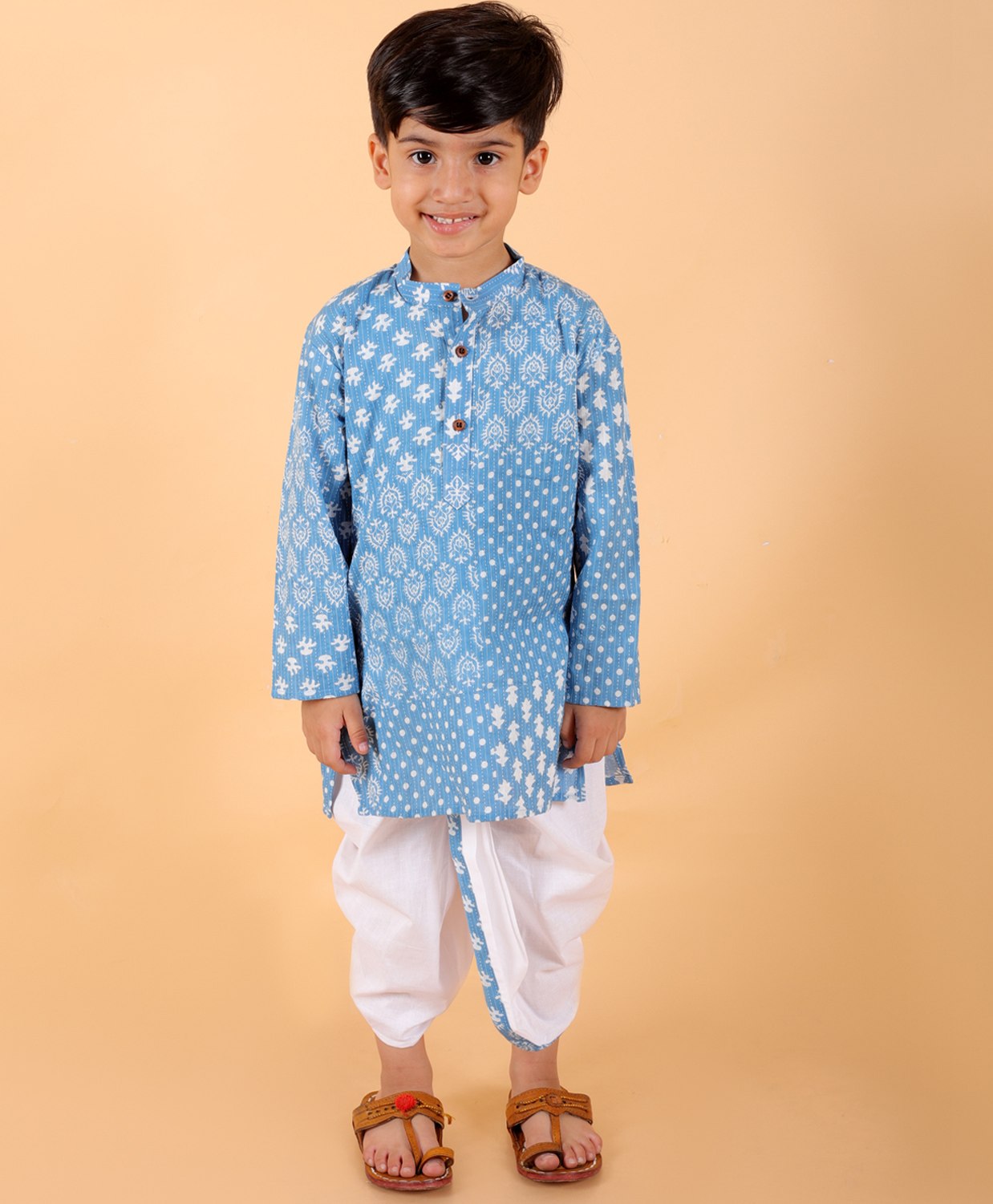 MoMaa Pure Cotton  Full Sleeves Jaipuri Ethnic Motif Printed Kurta With Coordinating Dhoti Set - Blue-picture-12