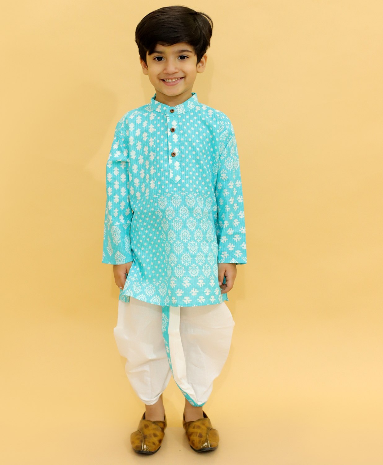 MoMaa Pure Cotton  Full Sleeves Jaipuri Ethnic Motif Printed Kurta With Coordinating Dhoti Set  - Sky Blue-picture-11