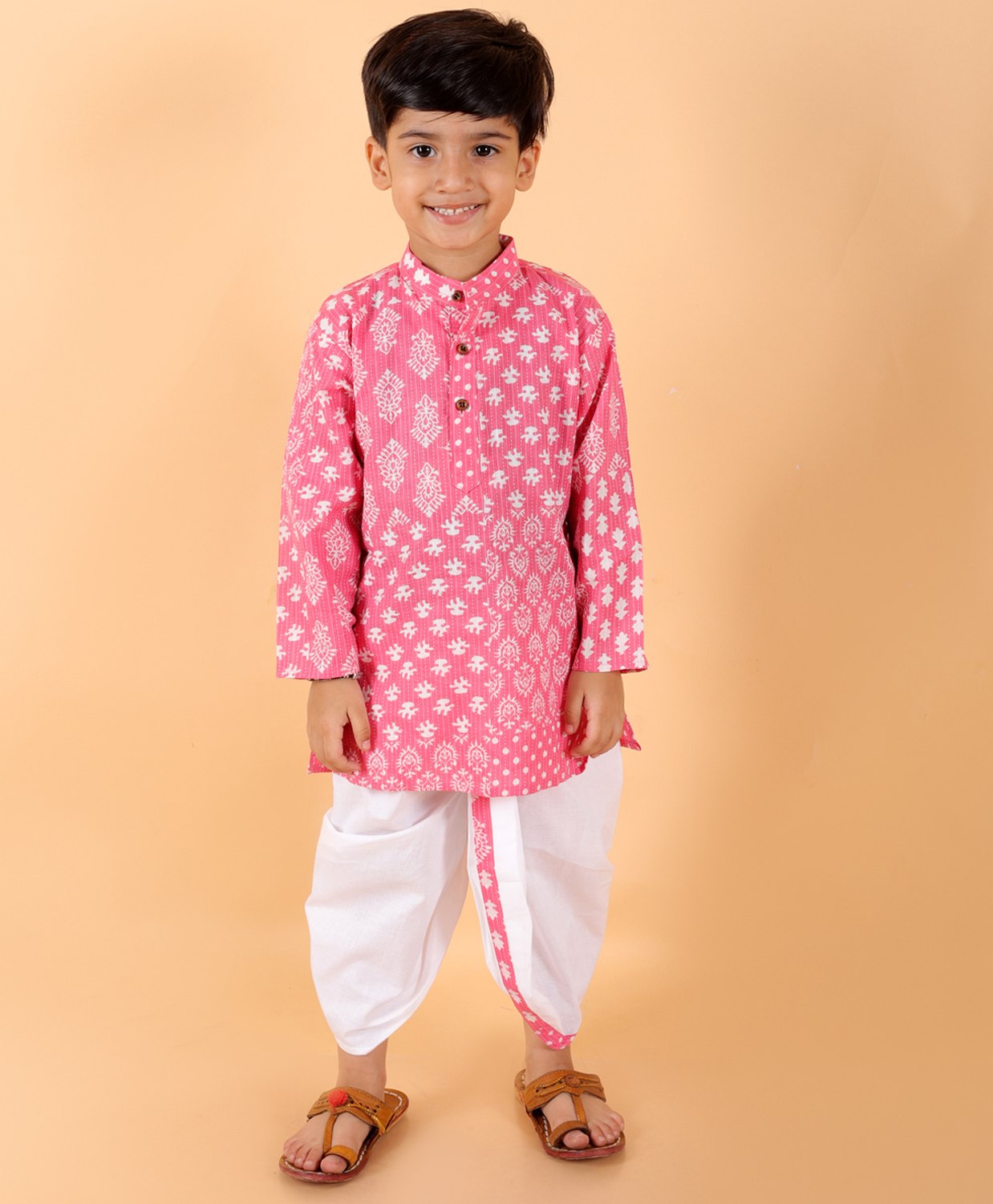 MoMaa Pure CottonFull Sleeves Jaipuri Ethnic Motif Printed Kurta With Coordinating Dhoti Set - Pink-picture-14