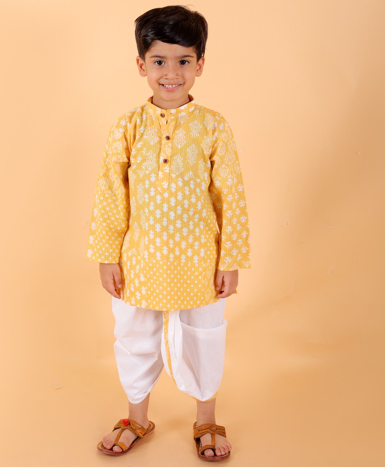 MoMaa Pure Cotton  Full Sleeves Jaipuri Ethnic Motif Printed Kurta With Coordinating Dhoti Set - Yellow-picture-13