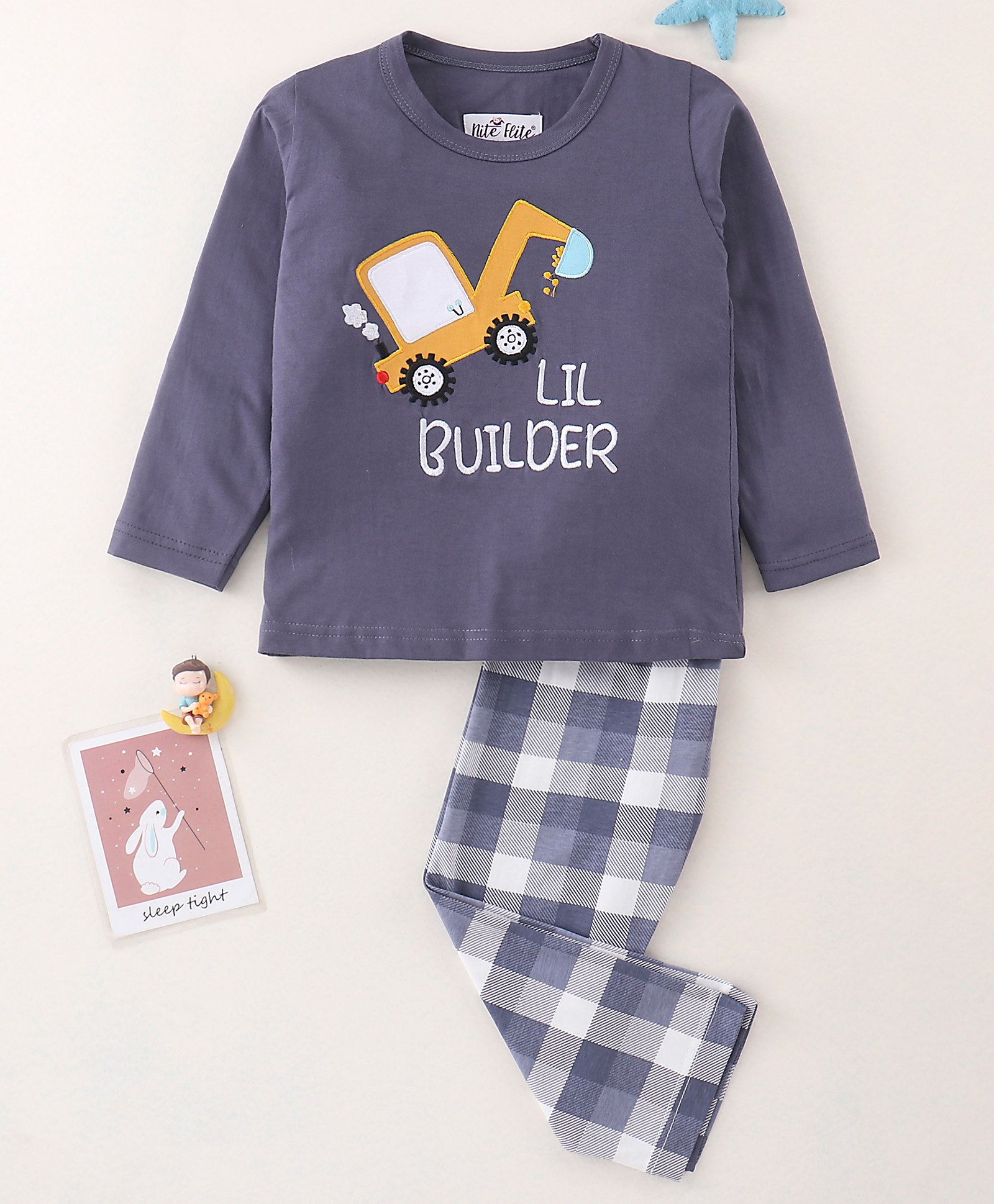 Nite Flite Full Sleeves Lil Builder Printed Tee With Plaid Checked Pajama - Blue-picture-18