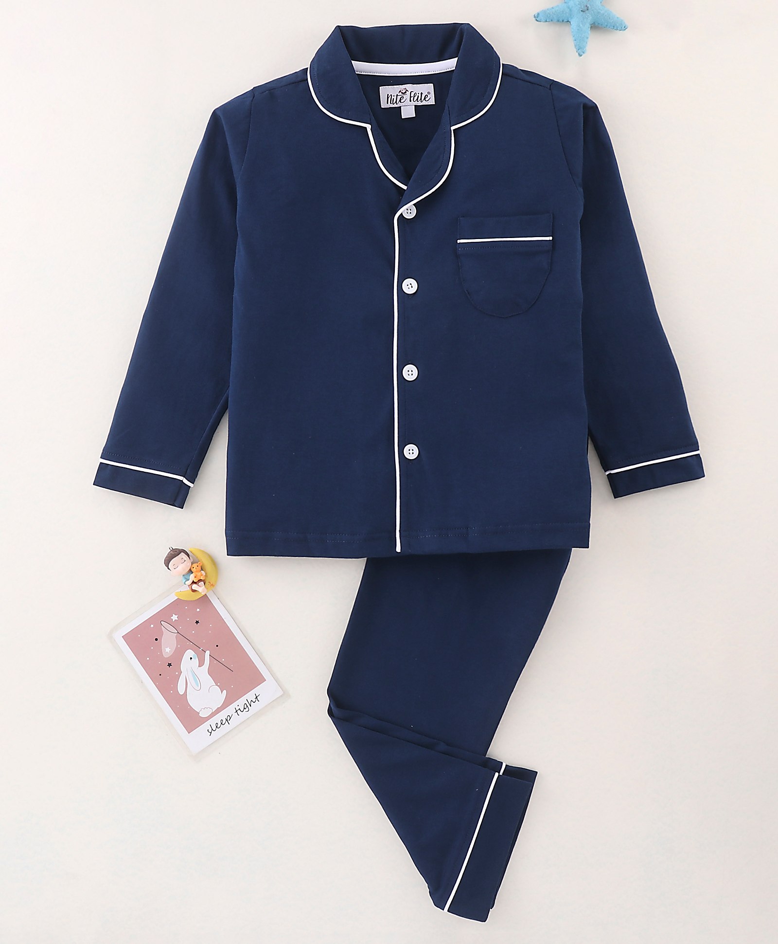 Nite Flite  Full Sleeves Solid Shirt With Pajama Set  - Picasso Blue-image-7