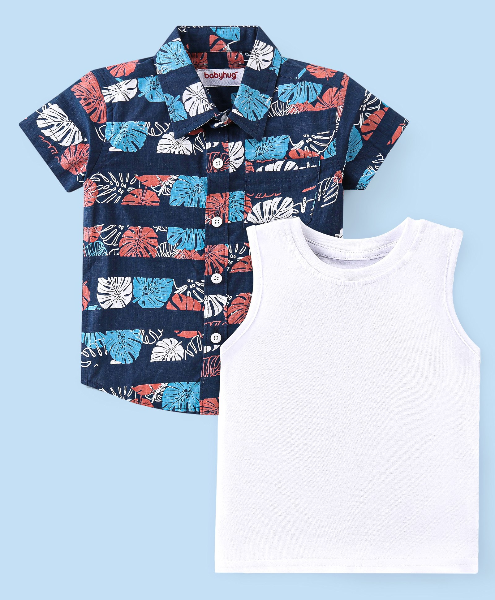 Babyhug 100% Cotton Knit Half Sleeve Shirt With T-Shirt Tropical Print - Blue & White-image-2