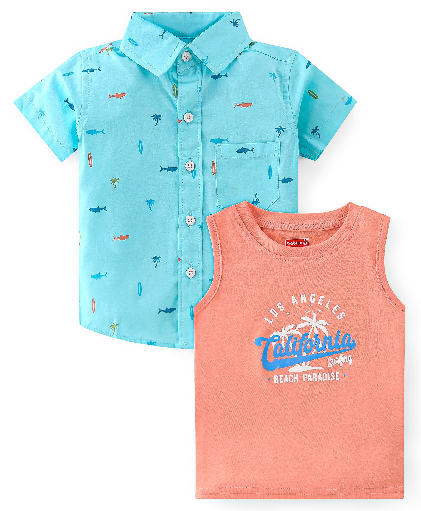 Babyhug Cotton Woven Half Sleeve Regular Collar Sea Life Print Shirt with T Shirt - Aqua Blue-image-7
