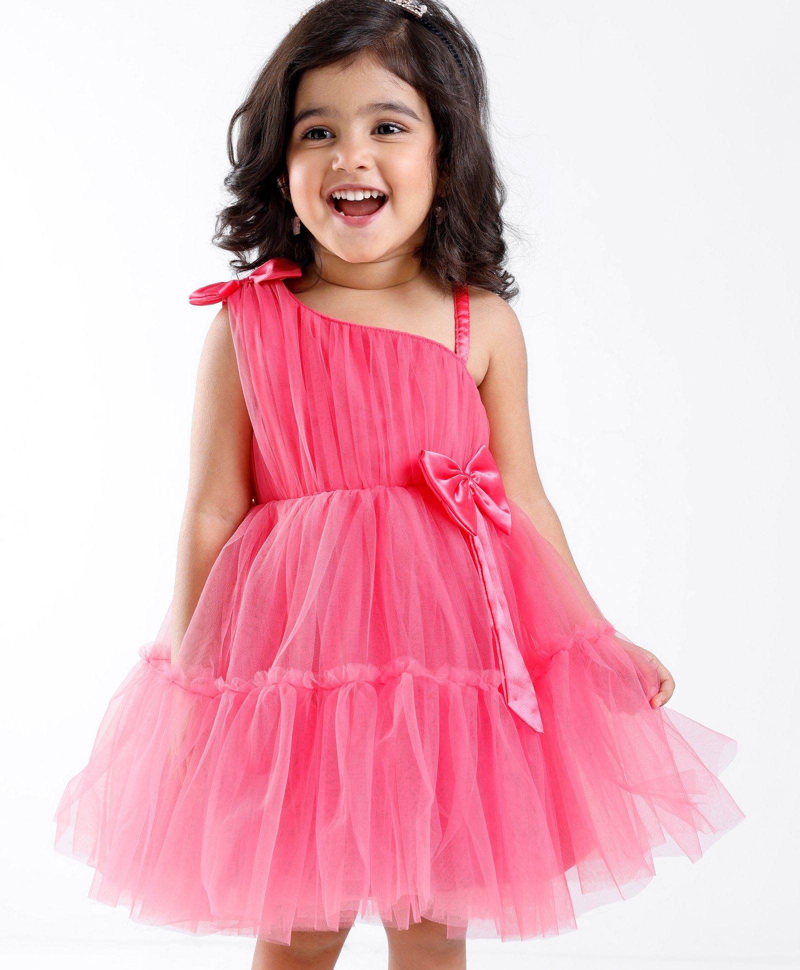 Babyhug Sleeveless Mesh Party Frock with Bow Applique - Magenta-image-0