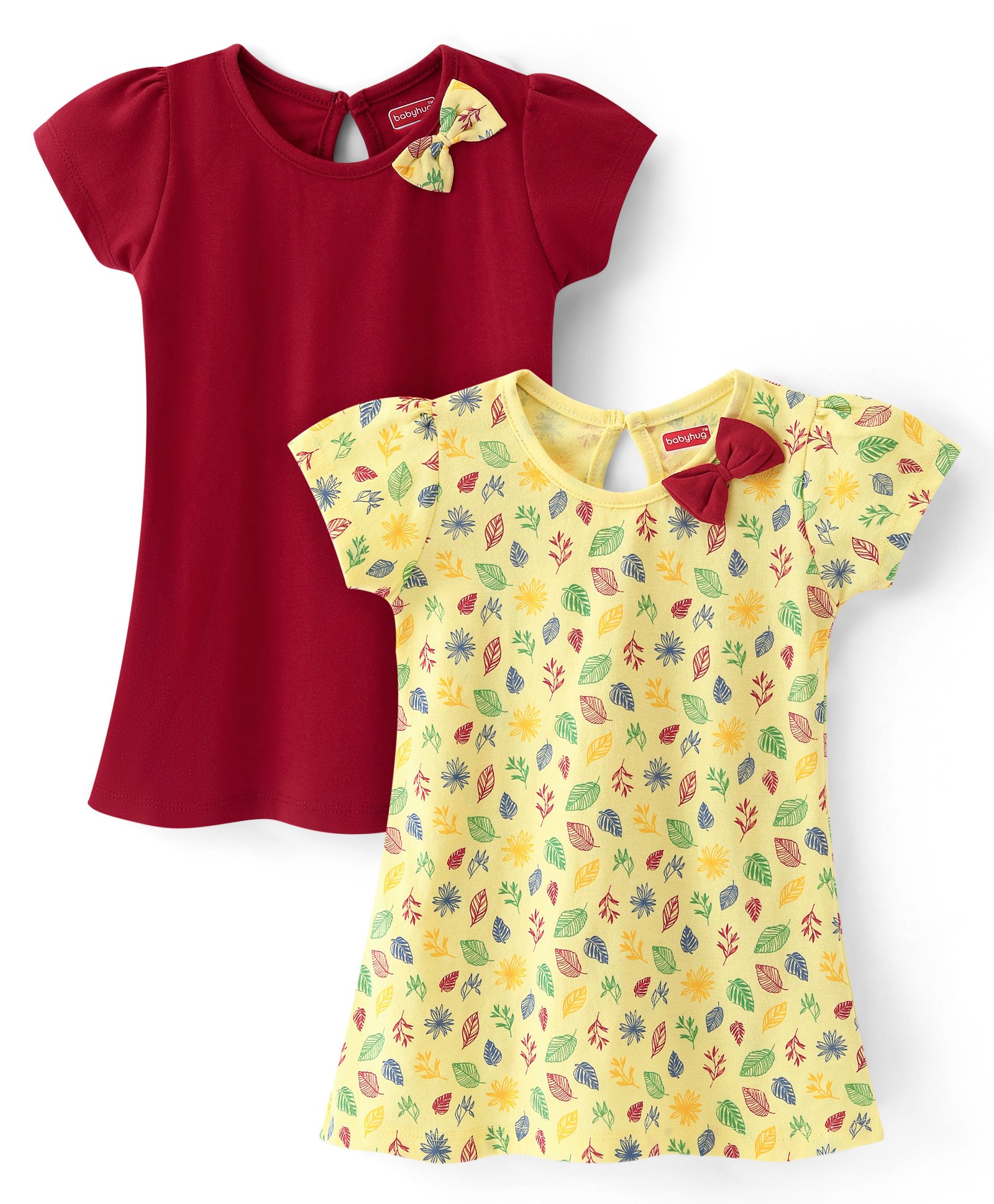 Babyhug 100% Cotton Single Jersey Knit Half Sleeves Frock With Bow Applique & Leaf Print Pack Of 2 - Yellow & Red-picture-24