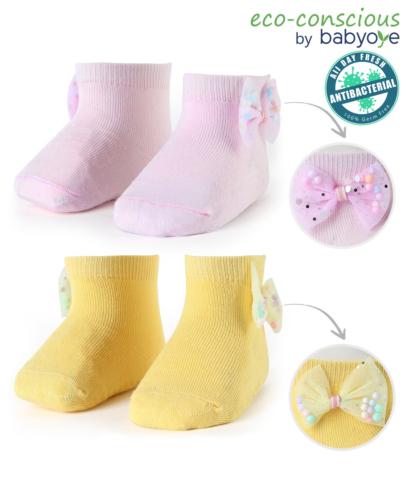 Babyoye Eco Conscious Bamboo & Spandex Knit Socks Pack of Two with Bow Applique - Yellow & Pink-image-10