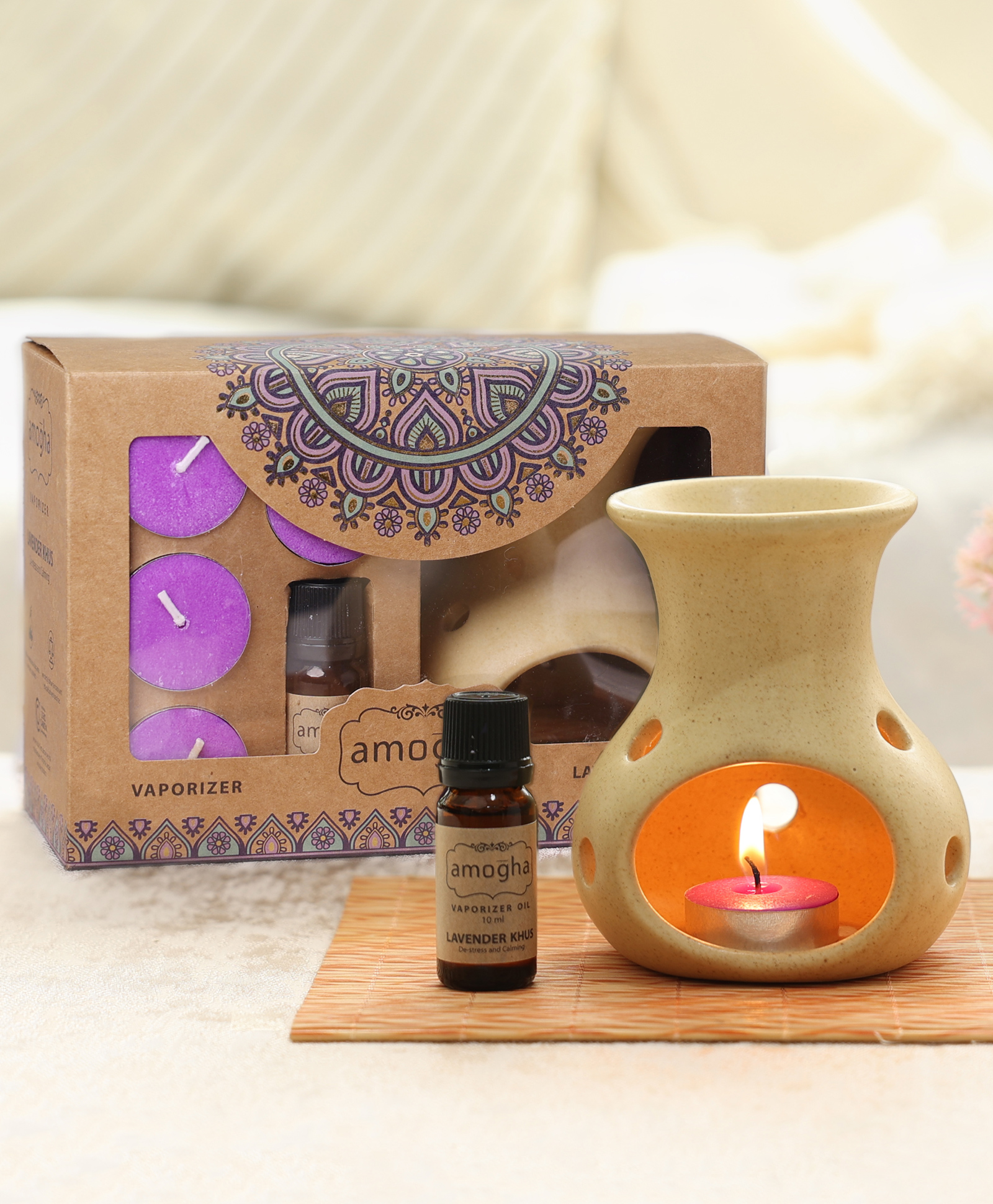 Amogha Fragrance Vaporizer with 4 tealights and 10 ml oil - Fragrance  Lavender Khus-picture-26