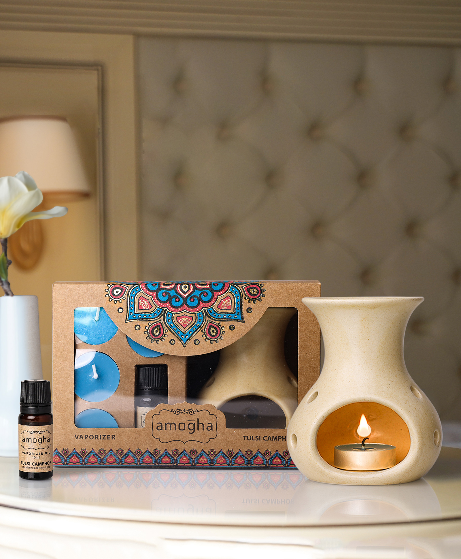 Amogha Fragrance Vaporizer with 4 Tealights and 10 ml Oil - Fragrance Tulsi Camphor-picture-13