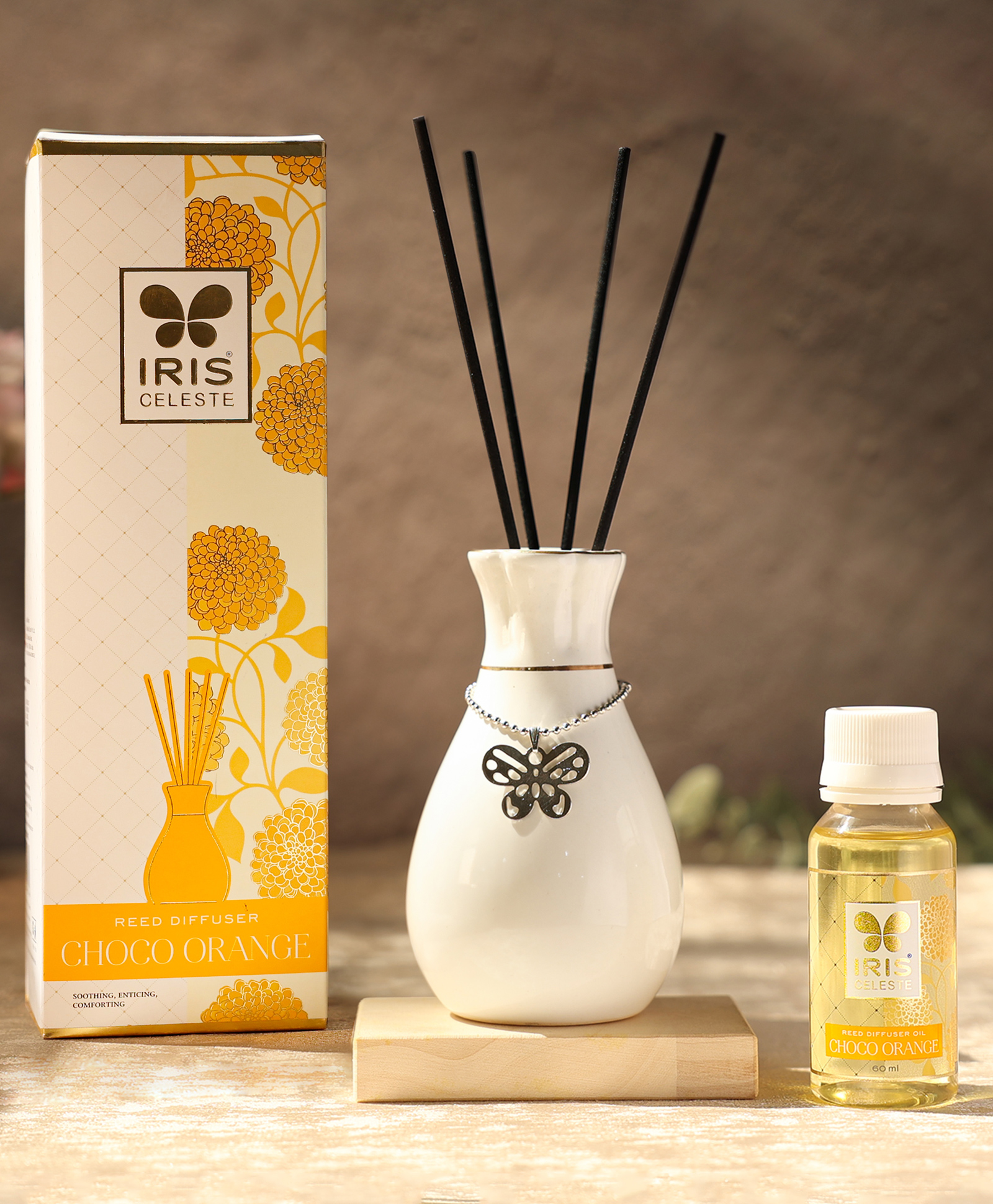 Iris Celeste Reed Diffuser With Ceramic Pot 5 N Reed Sticks and 60 ml Diffuser Oil - Fragrance Choco Orange-picture-14