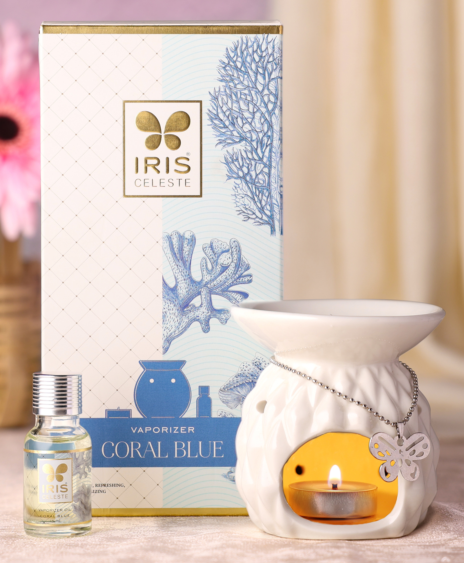 Iris Celeste Vaporizer With Vaporizer Jar Two Tealights and Oil - Coral Blue Fragrance-picture-15