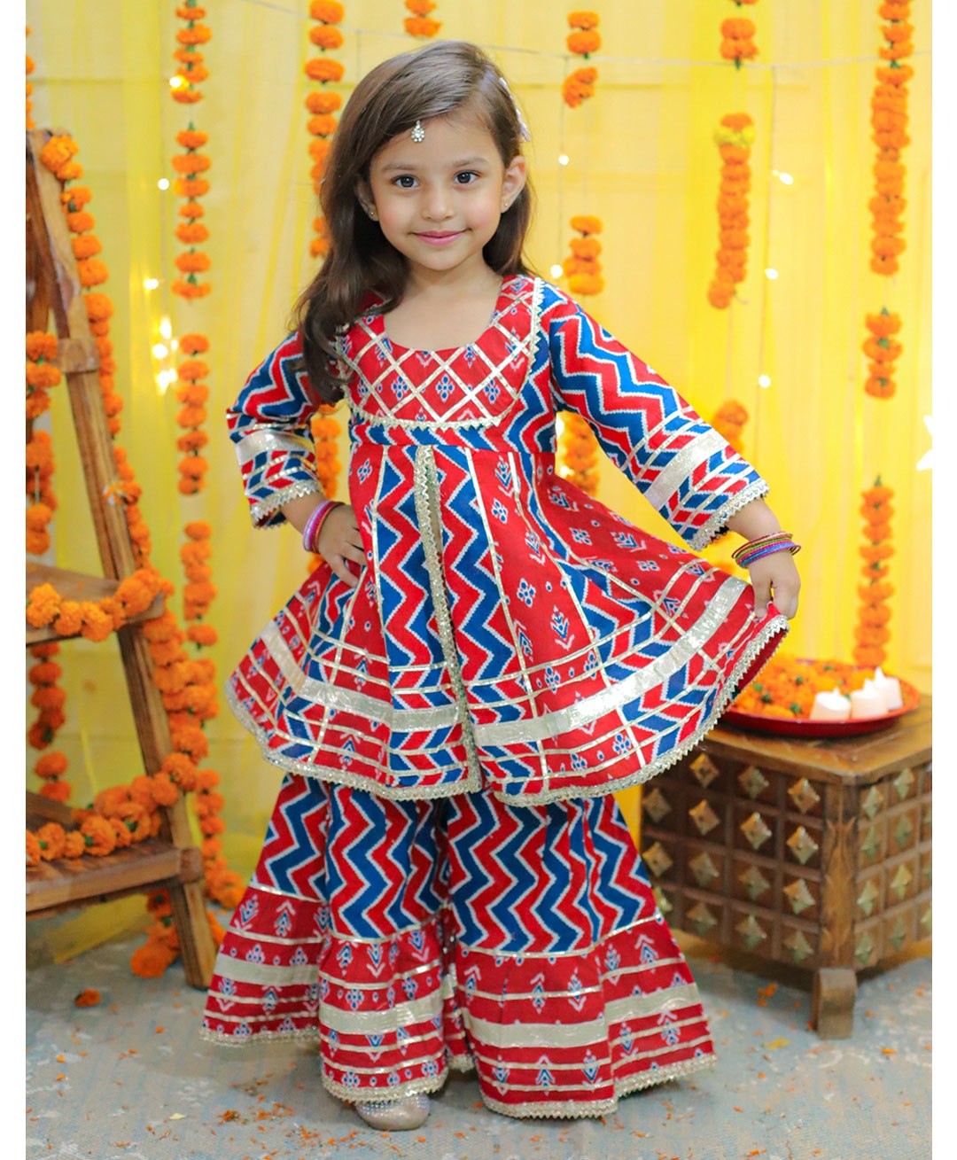 BownBee  Pure Cotton Three Fourth Sleeves Chevron Design With Gotta Patti  Lace Embellished Kurta  & Coordinating Sharara Set - Red-picture-15