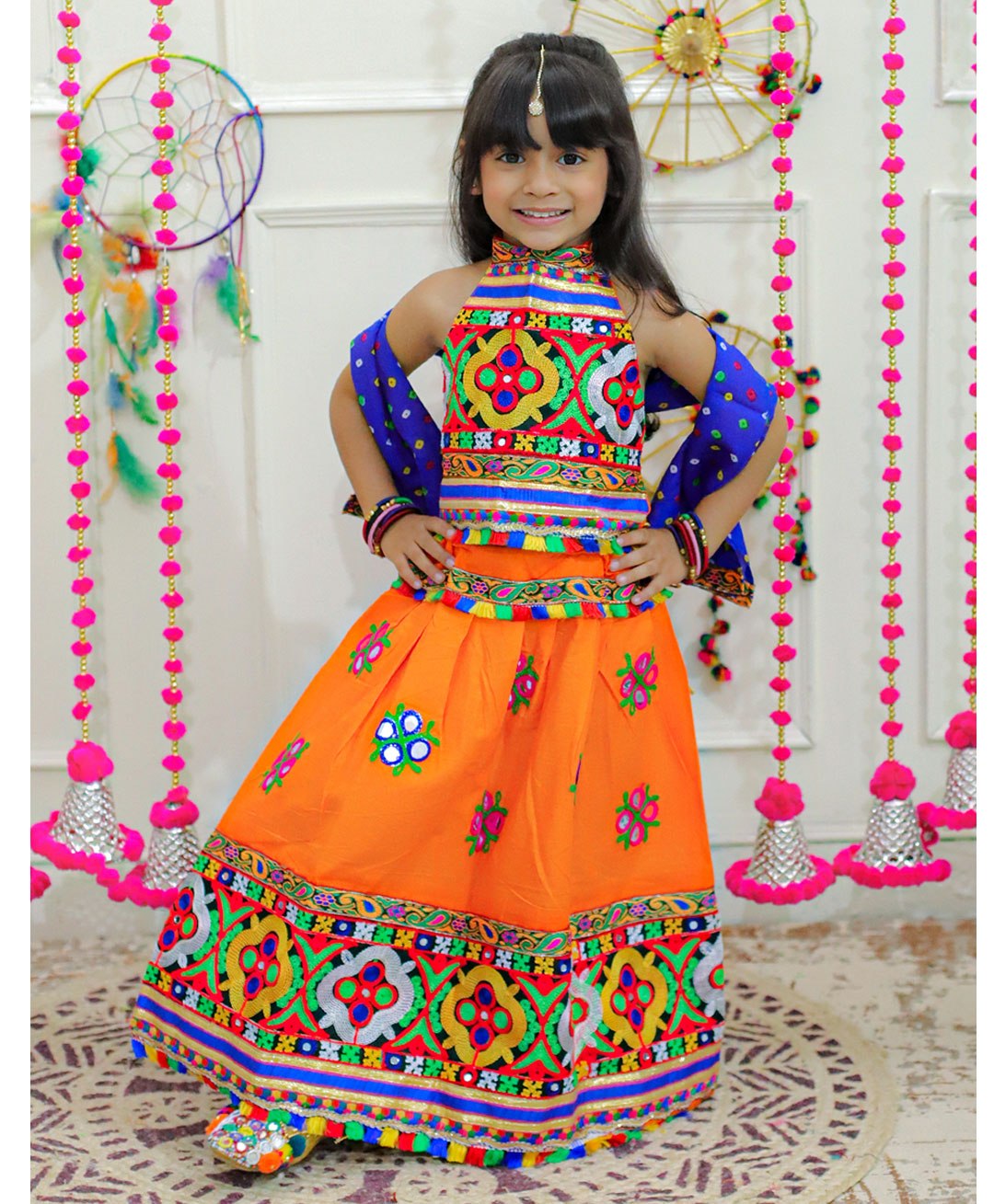 BownBee Navratri Theme Sleeveless Banjara Embroidered & Mirror Work Embellished Coordinating Lehenga & Choli Set - Orange-image-48