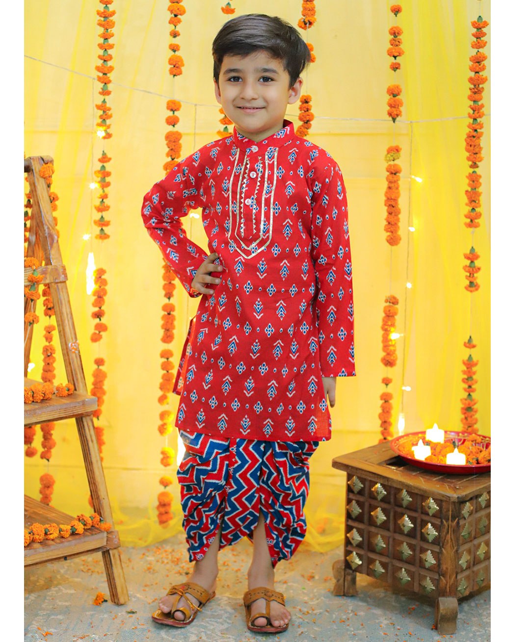 BownBee Festive Theme Pure Cotton Full Sleeves Ethnic Motif Printed With Placket Lace Embellished Kurta With Chevron Designed Dhoti - Red-picture-24