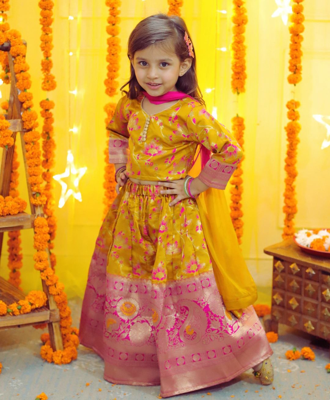 BownBee Three Fourth Sleeves Floral Foil Printed With Paisley Designed Coordinating Lehenga & Choli Set - Yellow-image-30