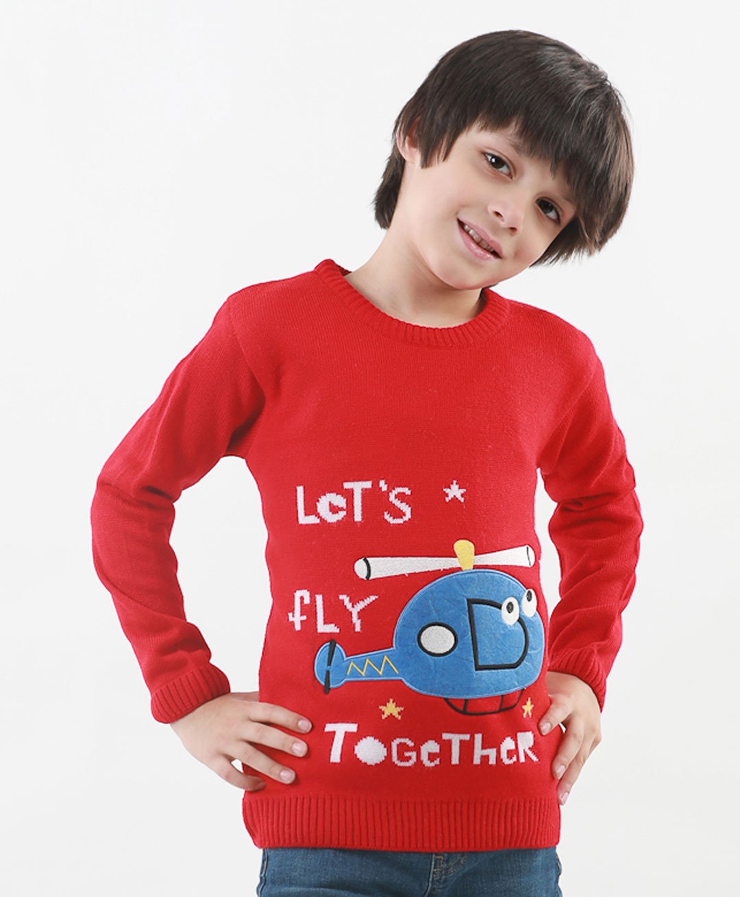 KNITCO Full Sleeves Lets Fly Together Text & Helicopter Detailed Sweater - Red-picture-21