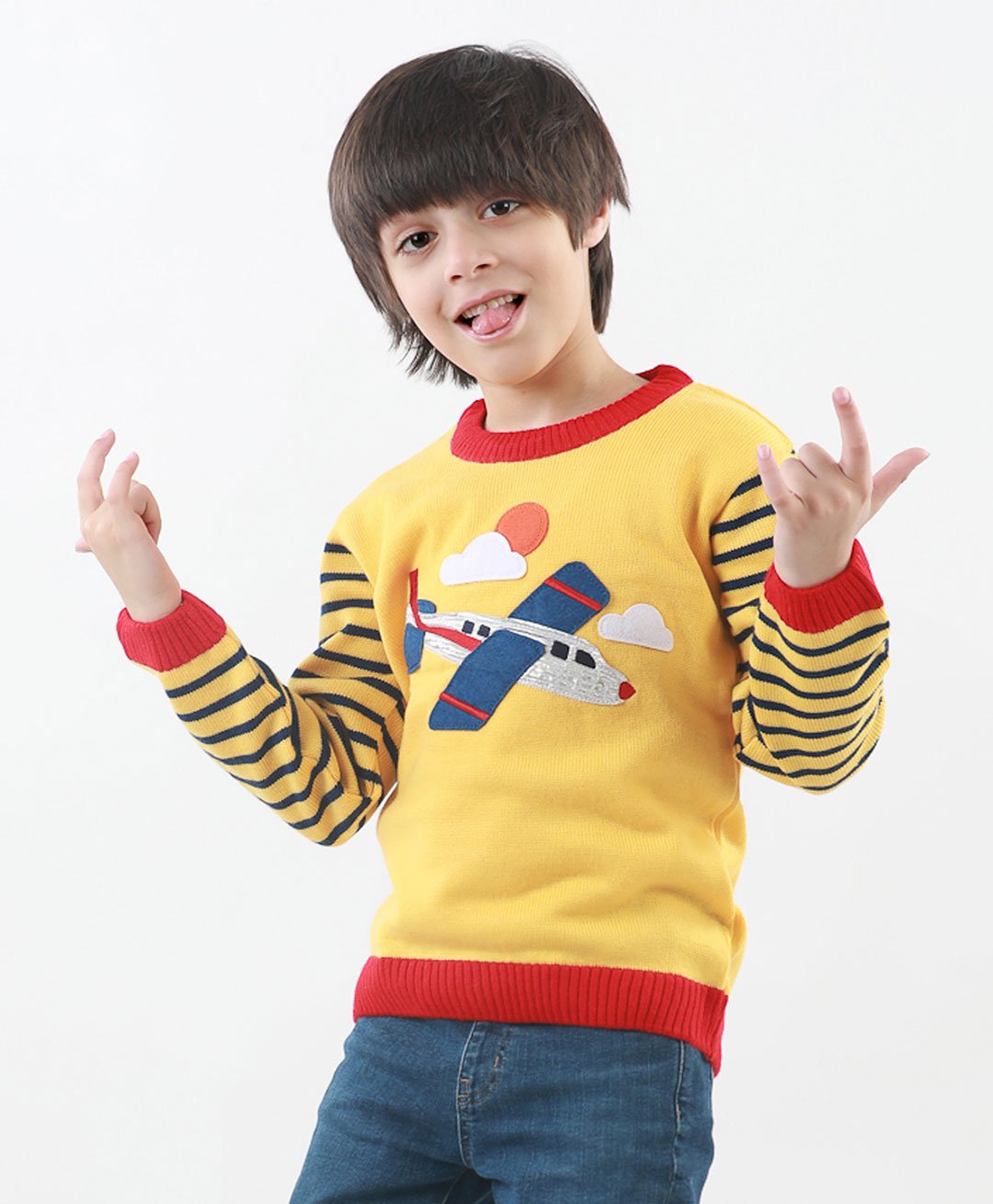 KNITCO Full Sleeves Striped & Airplane Design Detailed Sweater - Yellow-picture-26