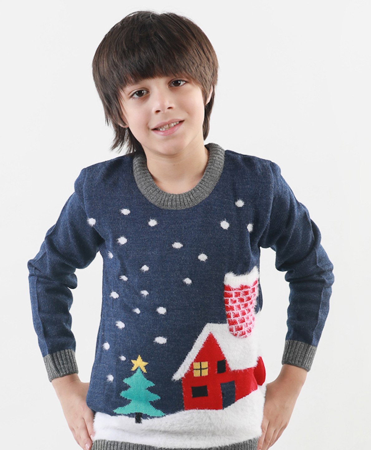 KNITCO Christmas Theme Full Sleeves House & Tree Woven Designed Sweater - Navy Blue-picture-20