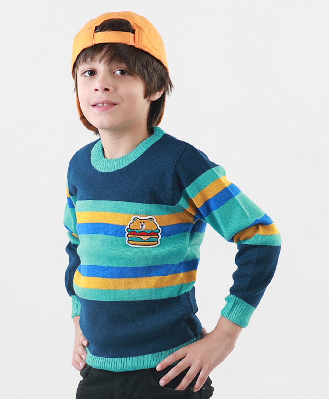 KNITCO Full Sleeves Striped & Burger Bear Design Detailed Acrylic Sweater - Navy Blue-picture-22