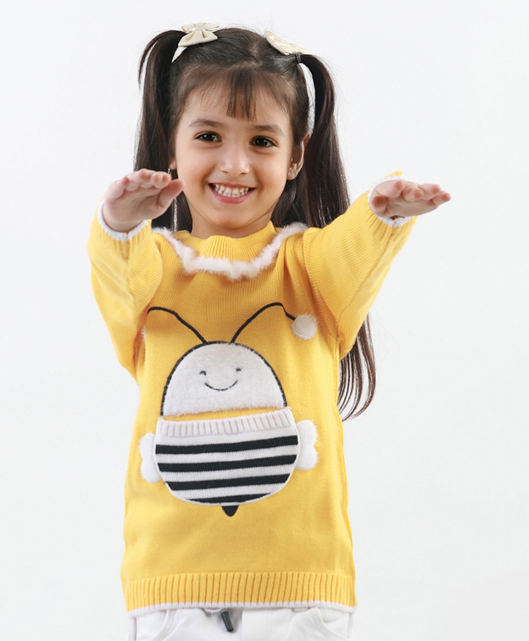 KNITCO Full Sleeves Honey Bee Designed Fur Detailed Acrylic Sweater - Yellow-picture-38