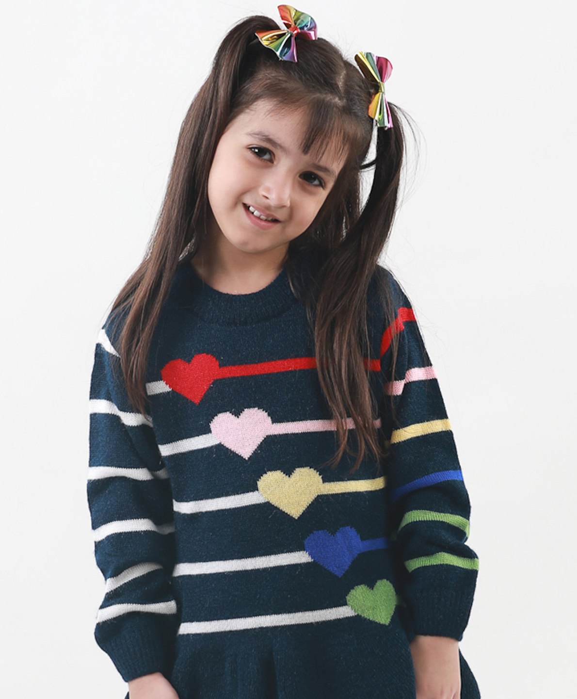 KNITCO Full Sleeves Striped & Heart Designed Sweater - Blue-picture-22