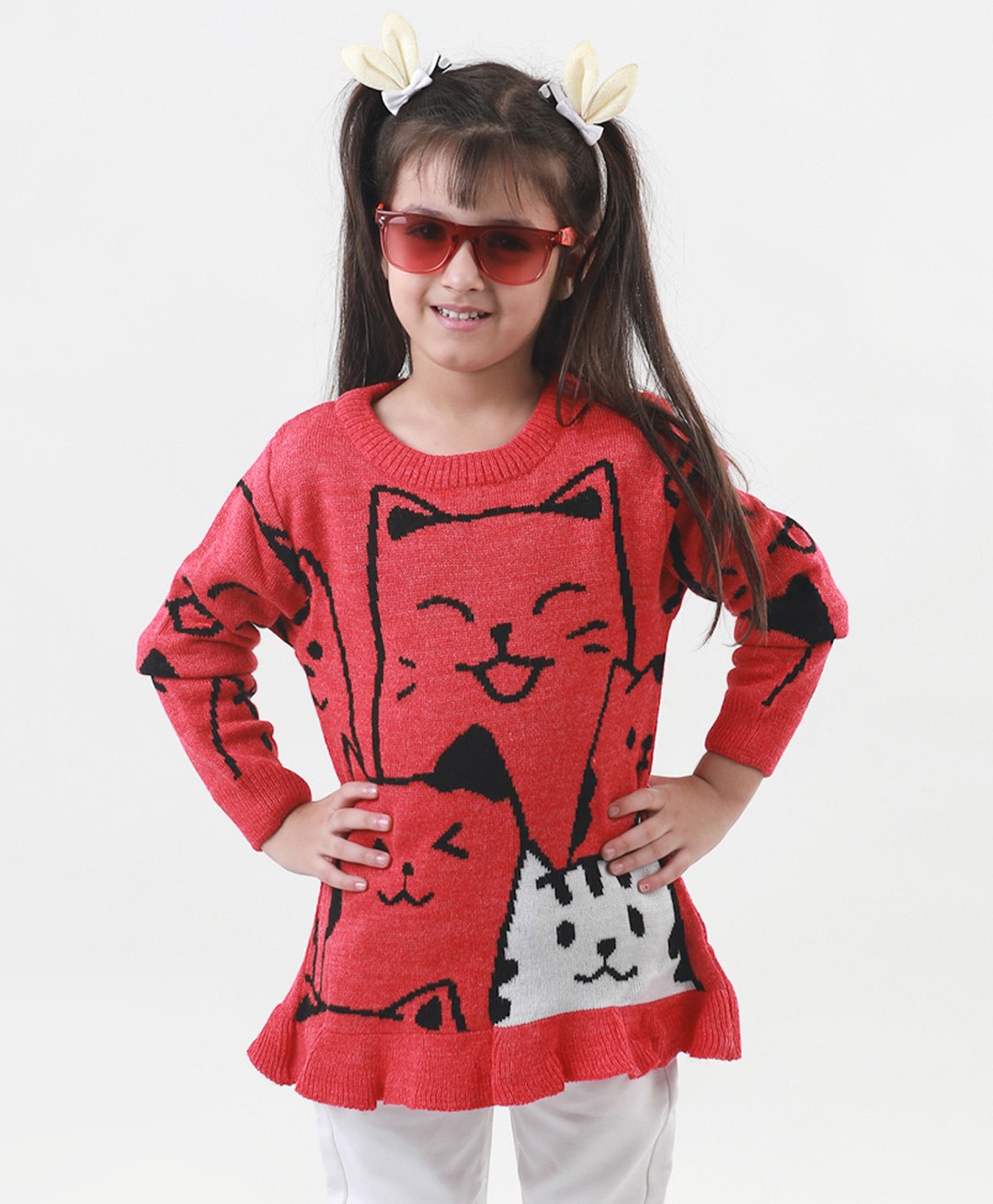 KNITCO Full Sleeves Cats Design Detailed Sweater - Red-picture-30