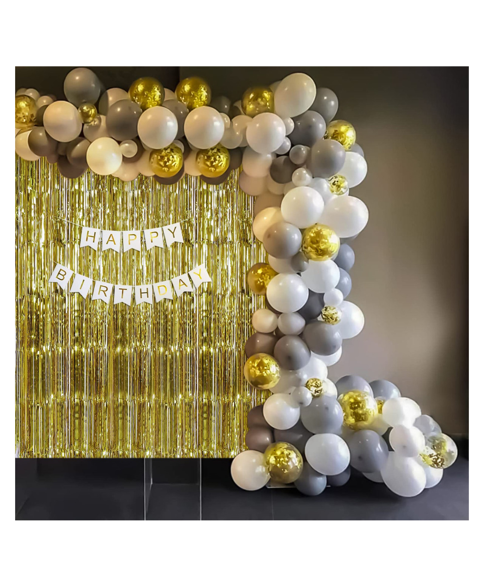 Bubble Trouble Silver & white balloons birthday decoration | gold fringe curtain Silver white & gold Pack of 59-image-41