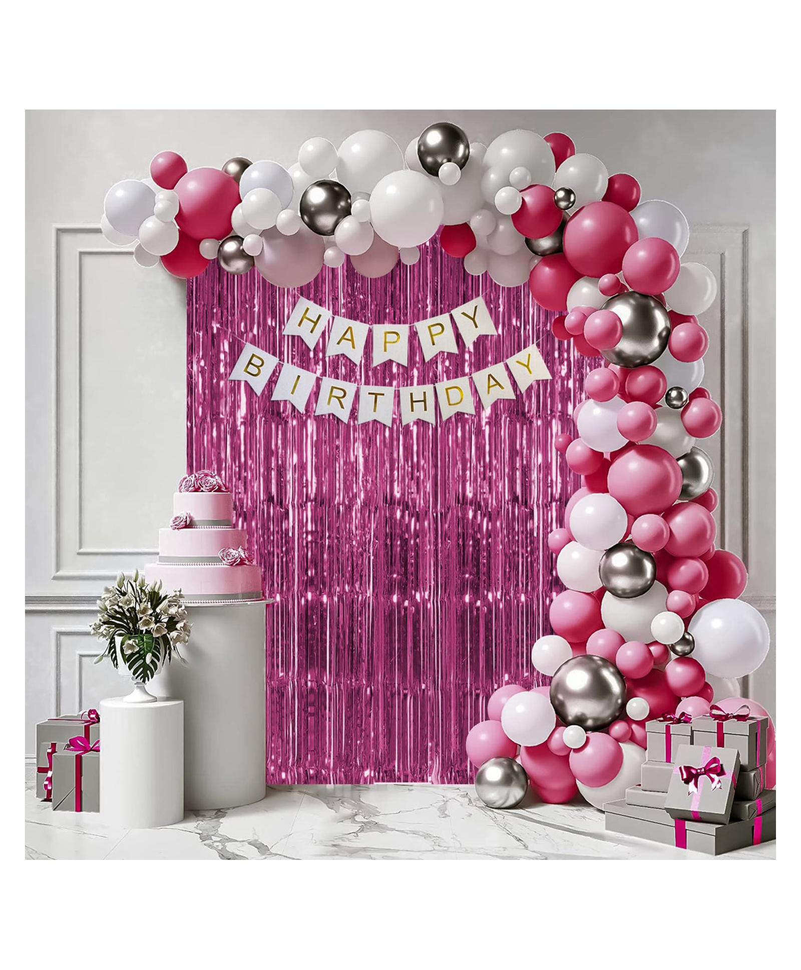 Bubble Trouble Pink & white theme birthday decoration items with fringe curtain Pink White & silver - Pack of 65-image-34