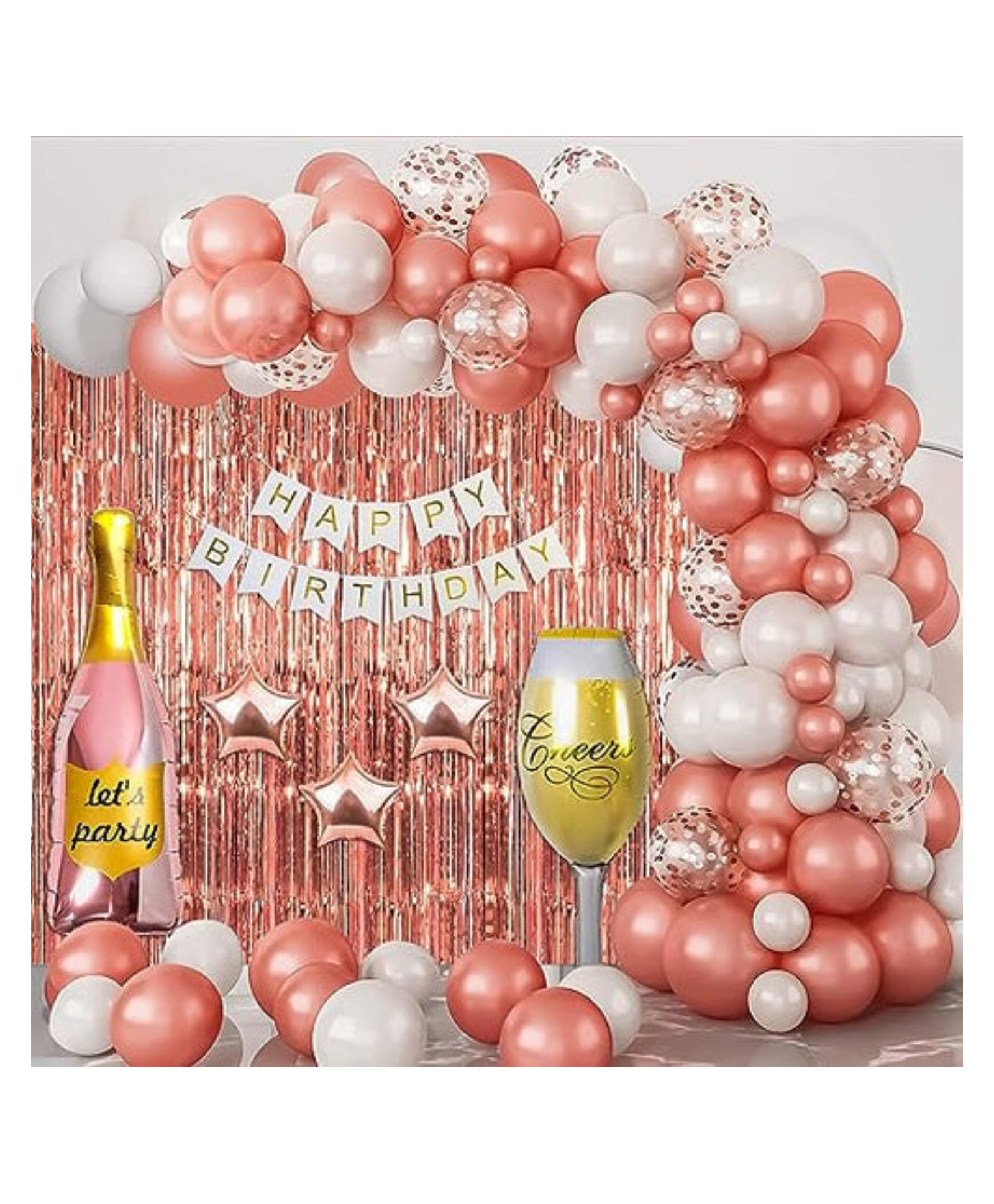 Bubble Trouble Rose Gold Birthday Decoration items for girls| fringe curtain Rose Gold White Pack of 74-picture-36