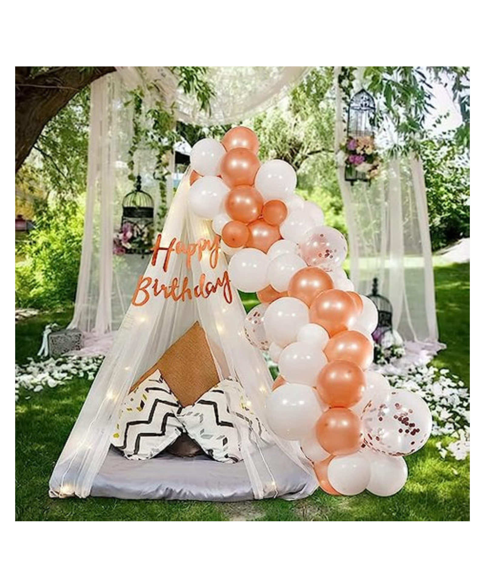 Bubble Trouble Rose Gold Birthday Decorations Item with White Net Curtain & Fairy Lights Rose Gold - Pack of 41-picture-37