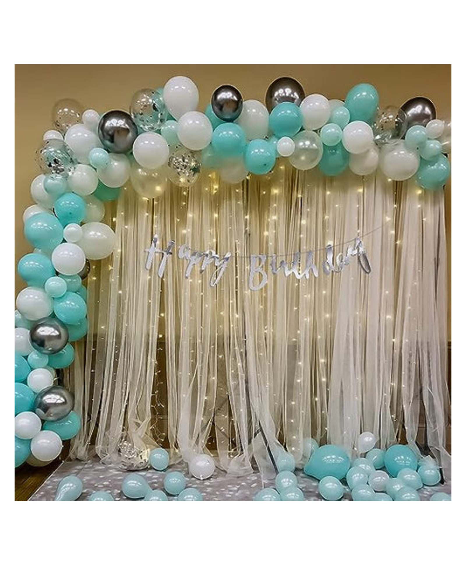 Bubble Trouble Mint Green Theme birthday decoration items with curtain & LED light Mint Green & Silver - Pack of 73-image-1