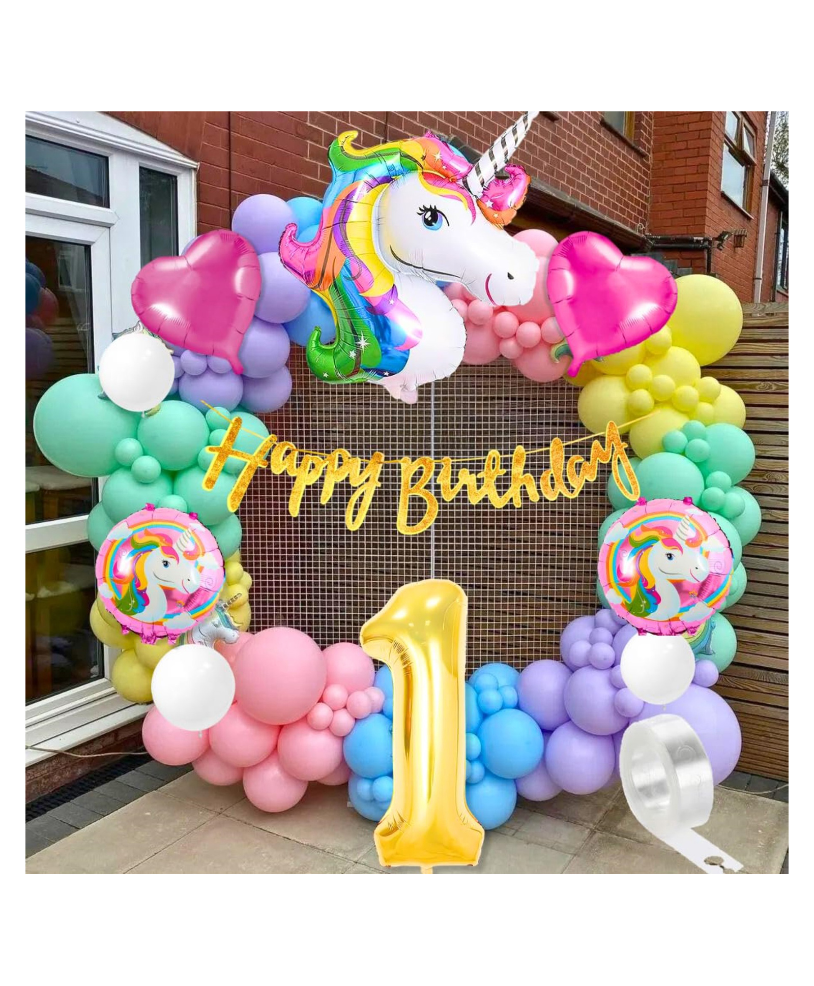 Bubble Trouble  Unicorn theme 1st birthday decoration Kit for Girls Boys kids baby girl for 1 Year with Unicorn Foil Pink Heart Pink Purple Yellow Mint Orange Blue Pastel White Metallic Balloons Banner-picture-10