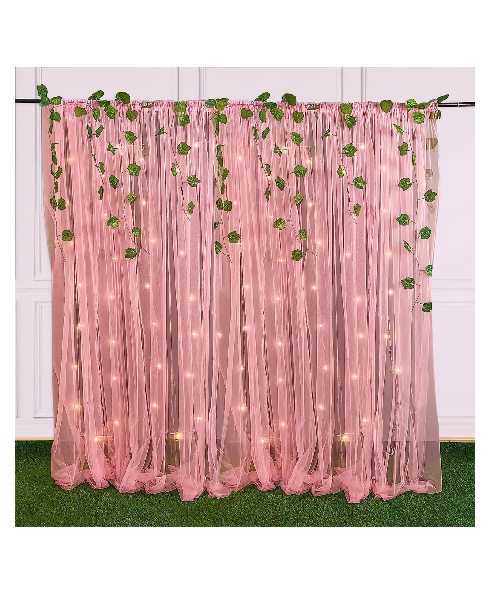 Bubble Trouble Pink Net Curtains Backdrop Decoration with Lights & Green Vines Pink & green Pack of -8-image-25