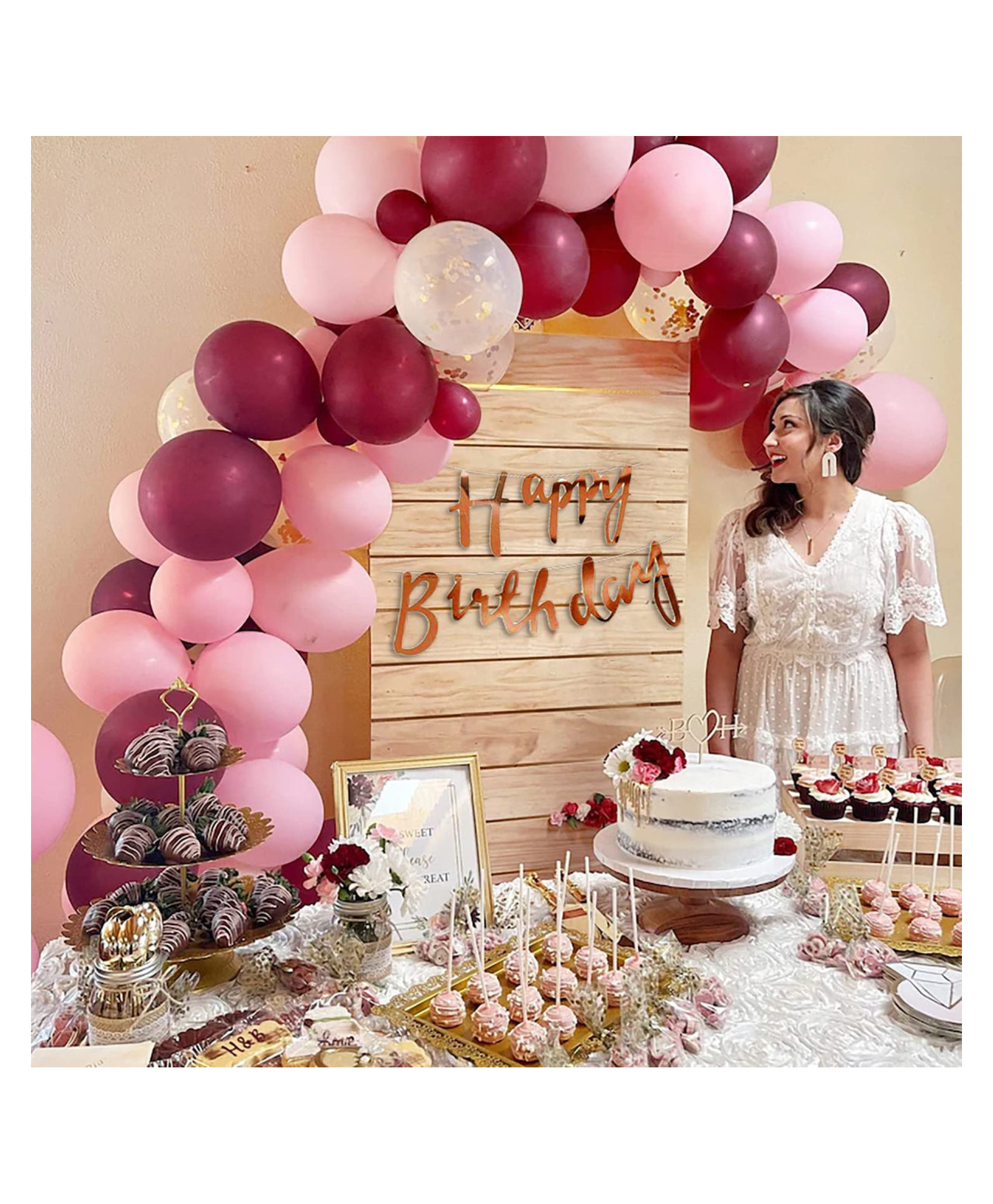 Bubble Trouble Burgundy & Pink Theme Balloons Birthday Decoration Kit Cursive Rose Gold Banner Pack of 45-image-8