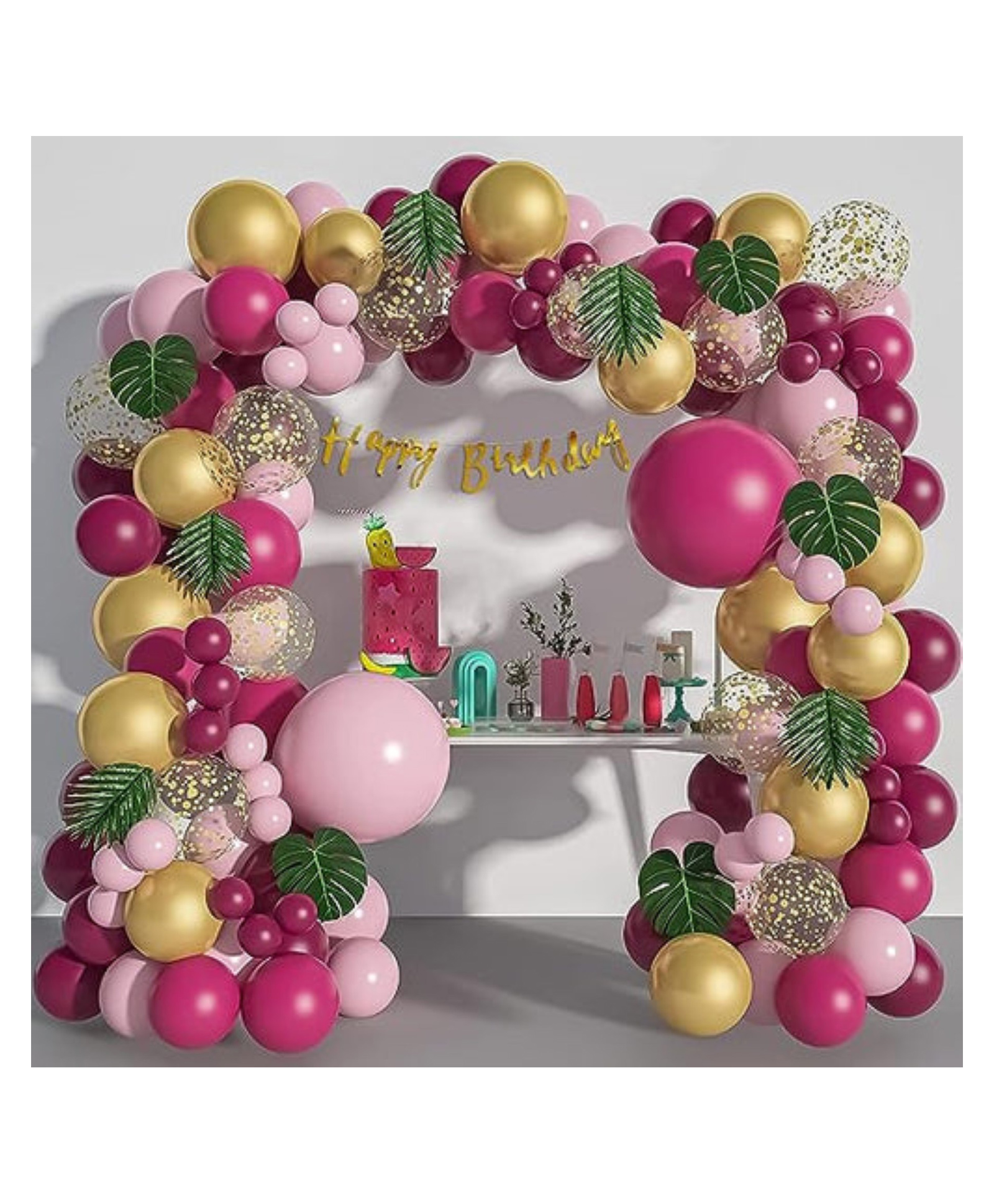 Bubble Trouble Balloons Birthday Decoration With Artificial Leaves Burgundy Pink Gold & Green Pack of 74-picture-28