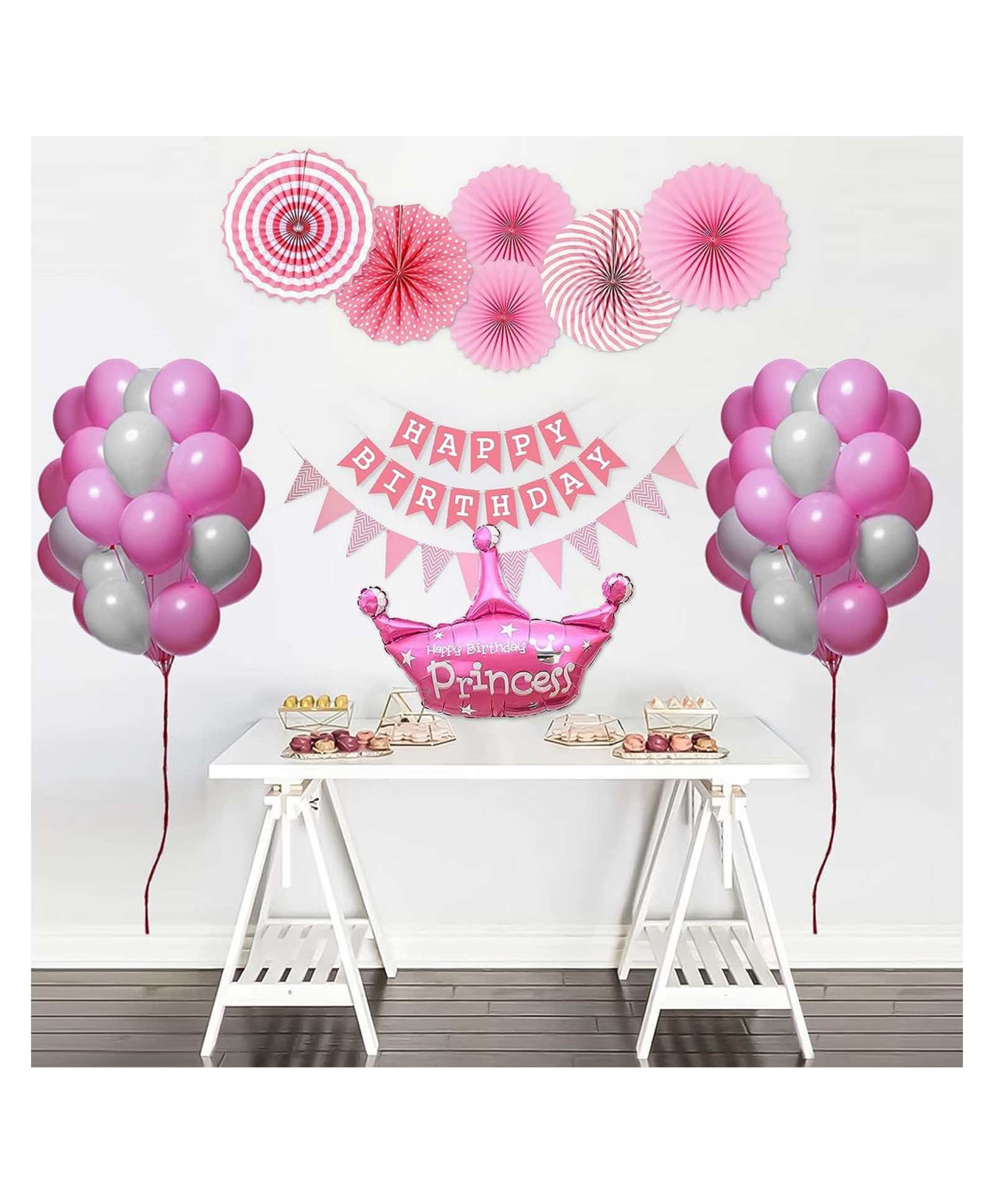 Bubble Trouble Princess Birthday Set With Paper Fans & Party Flag Pink & White Pack of 51-picture-23