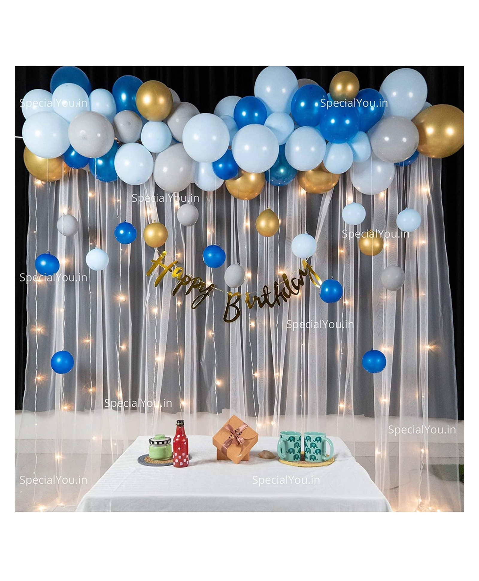 Bubble Trouble Happy Birthday Decoration Items with Blue color theme & backdrop curtain Gray Blue & Gold Pack of -76-image-0