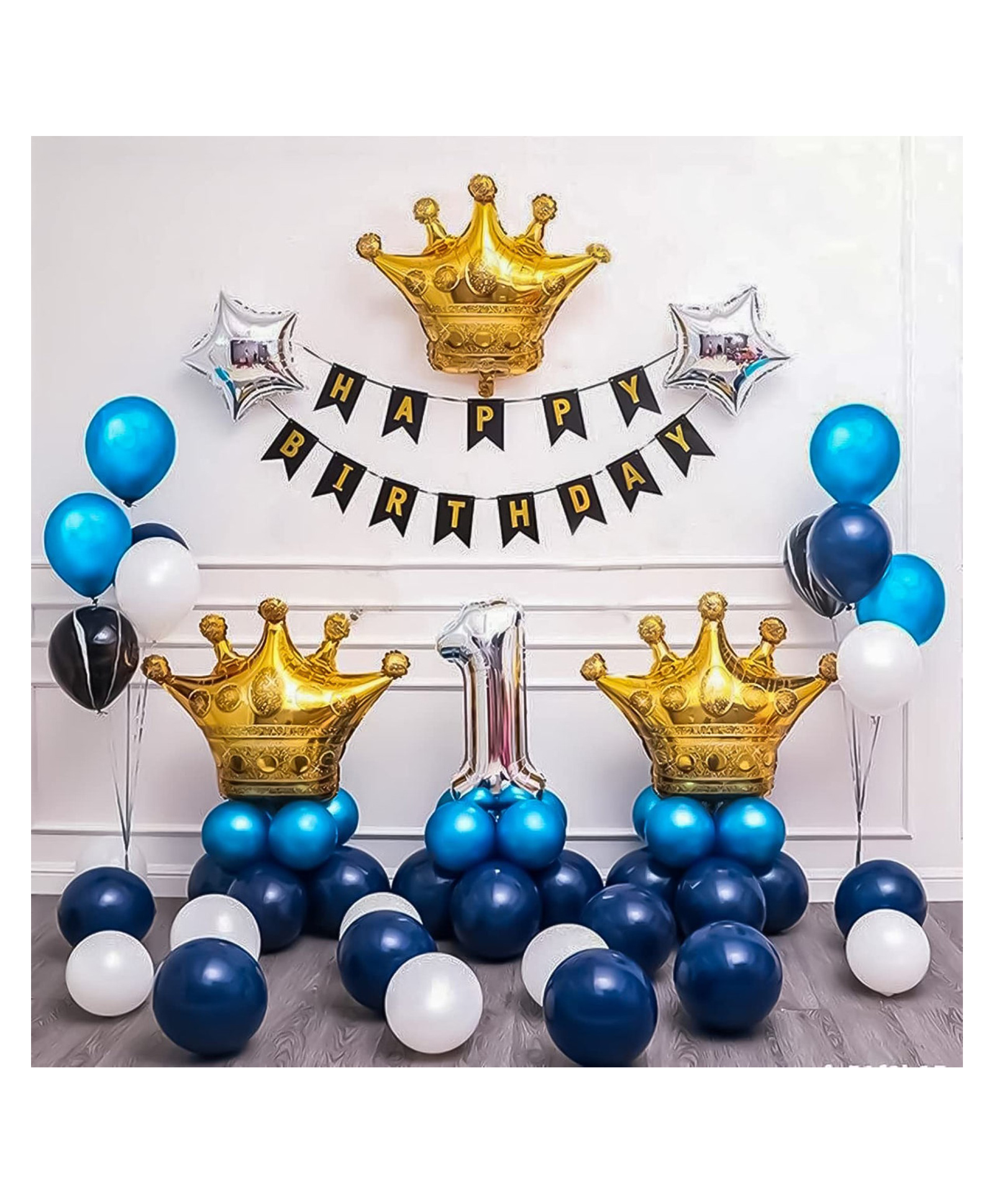 Bubble Trouble 1st Birthday decoration items kit for boys with golden crown foil balloons 69 Items Dark blue Navy blue white & gold Pack of 69-picture-23