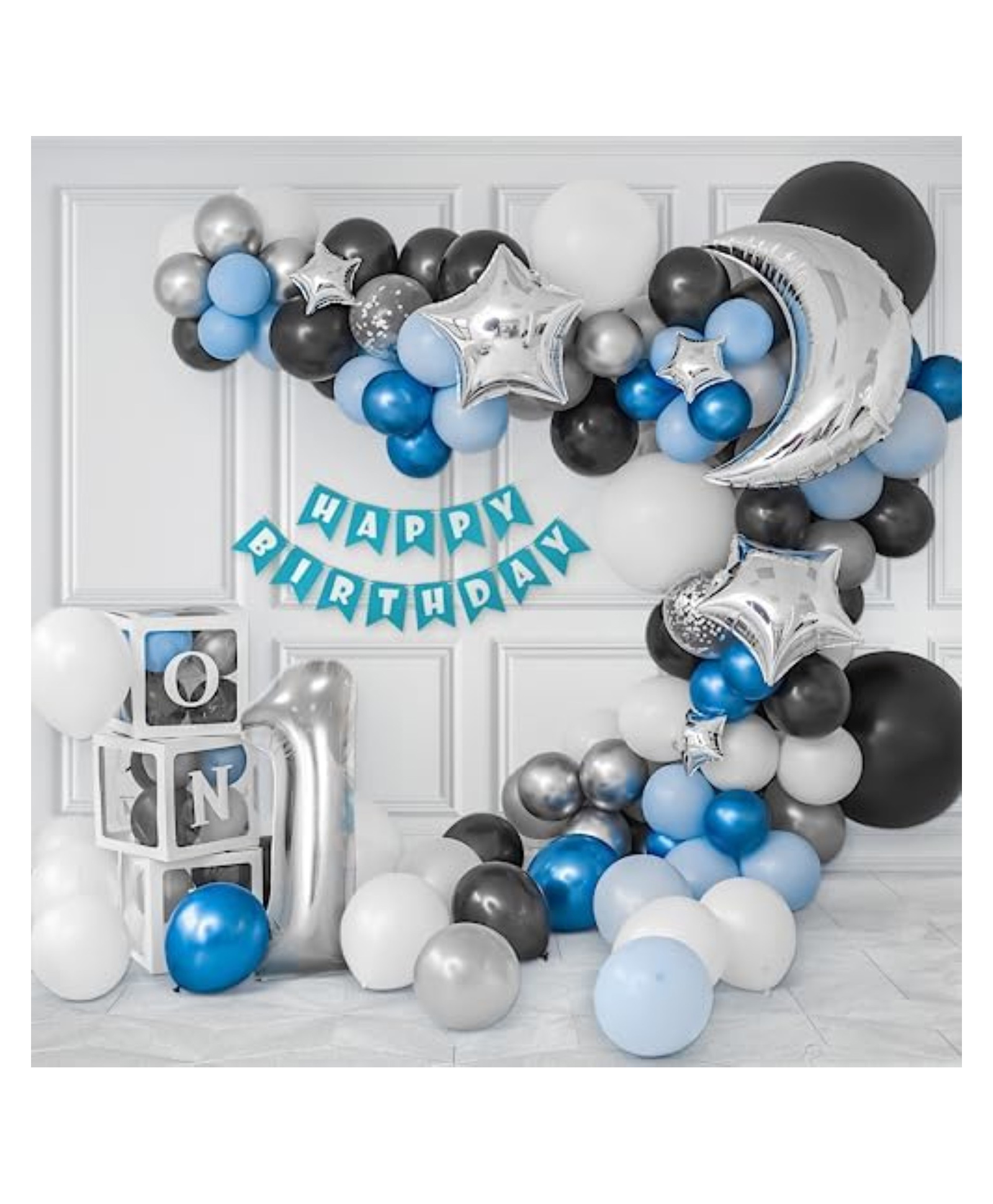 Bubble Trouble 1st Birthday Decoration kit for Boys with Star & Moon Foil Balloons Blue Silver White Black Pack of 95-picture-22