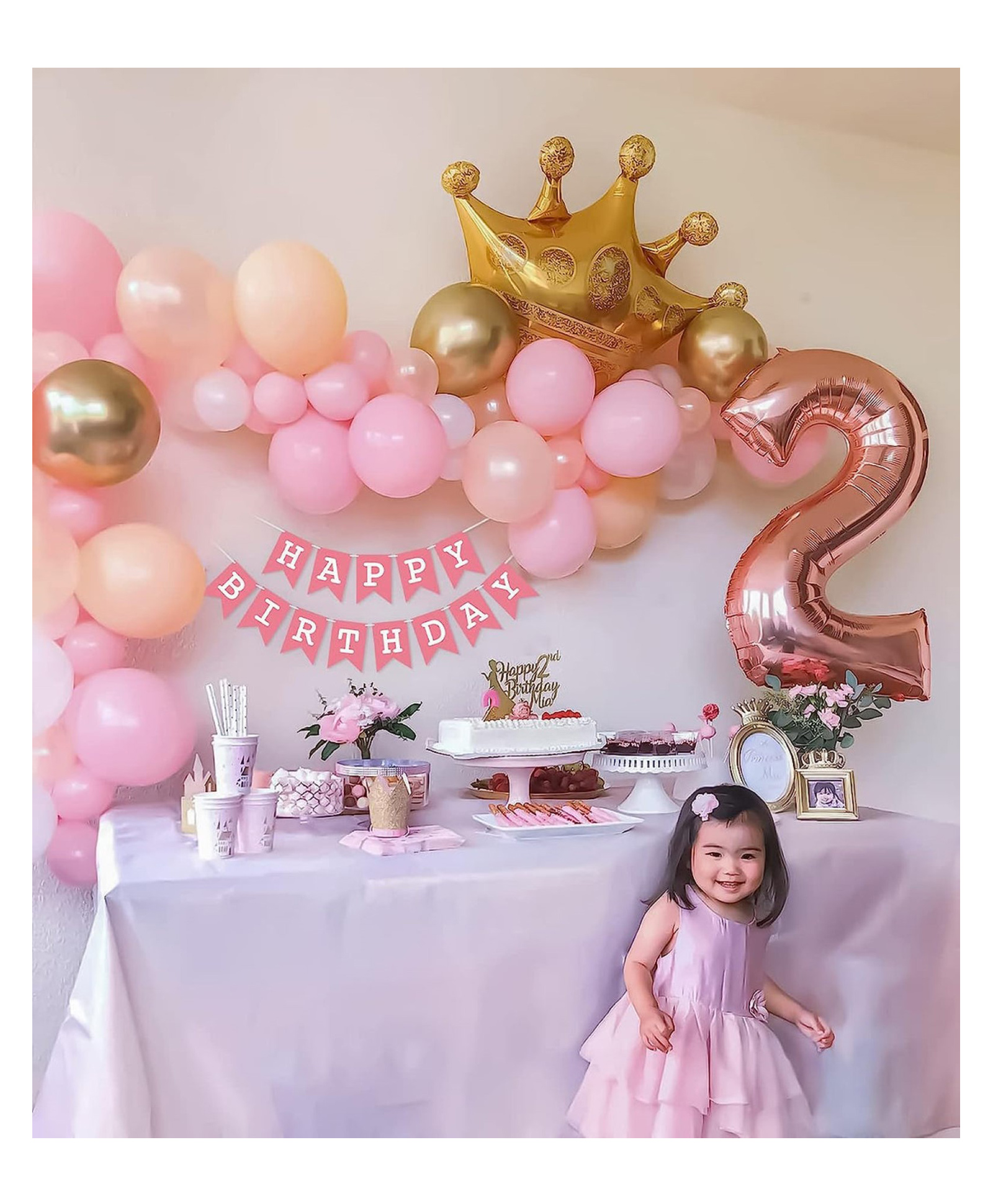 Bubble Trouble 2nd Birthday Decoration items kit for girls with pastel balloons 55 Items Pink Peach White & Golden Pack of 55-image-29