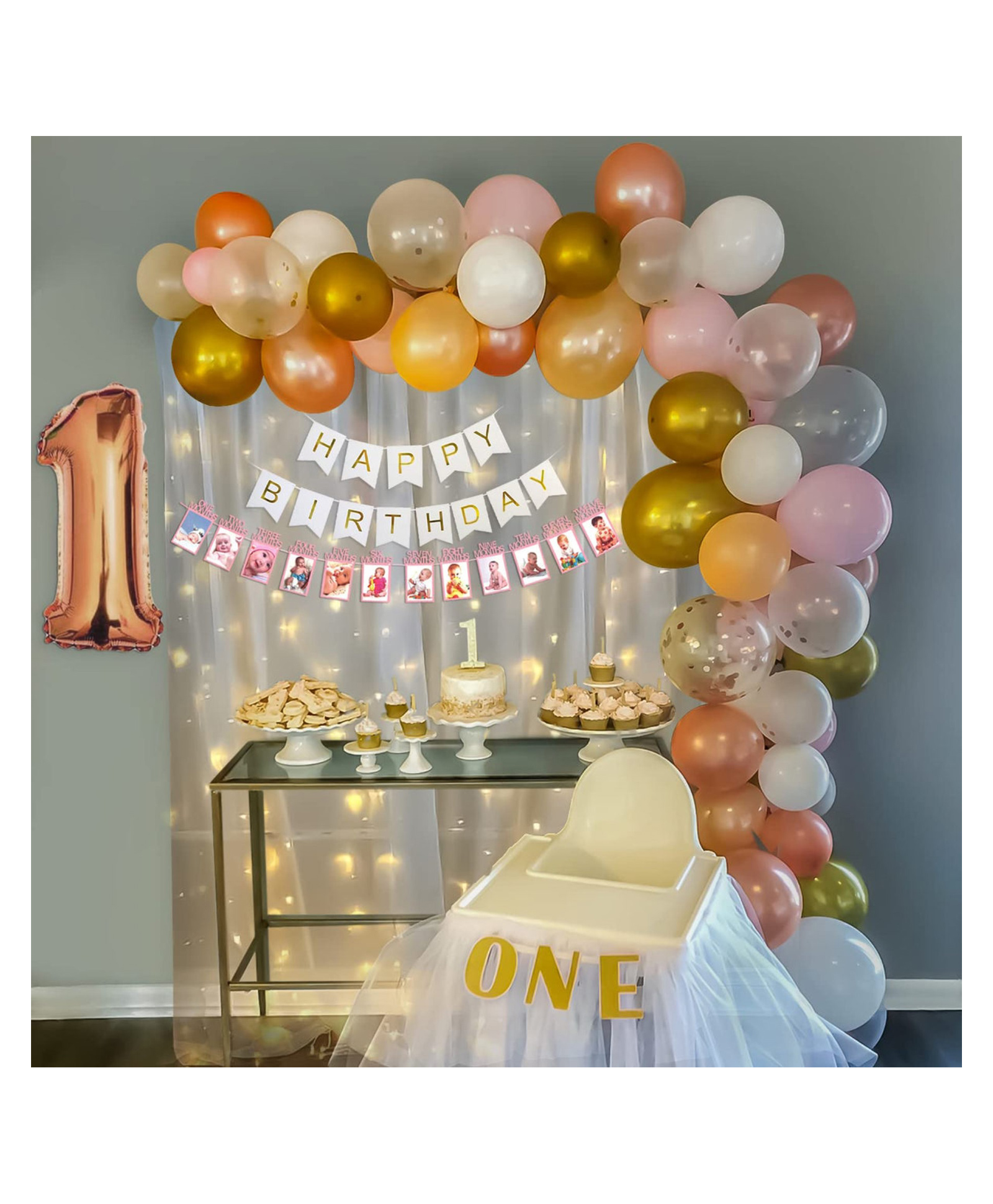 Bubble Trouble First Birthday Decoration Items for Girls with Pastel Balloons Curtain & Light 64 Items Peach Pink Rose Gold White & Gold- Pack of 64-image-41