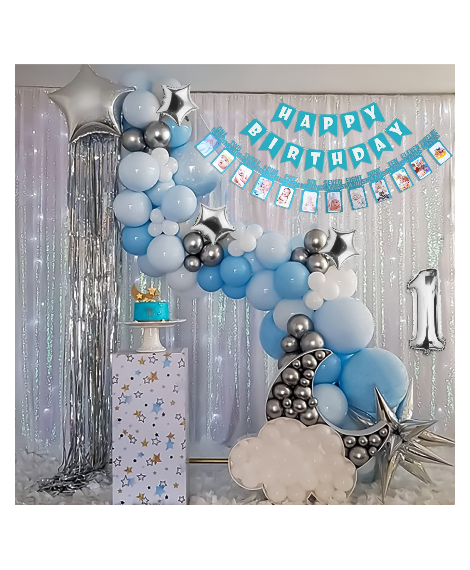 Bubble Trouble First Birthday decoration items with Monthly Banner Dark & Pastel Blue White Metallic Silver Pack of 70-image-40