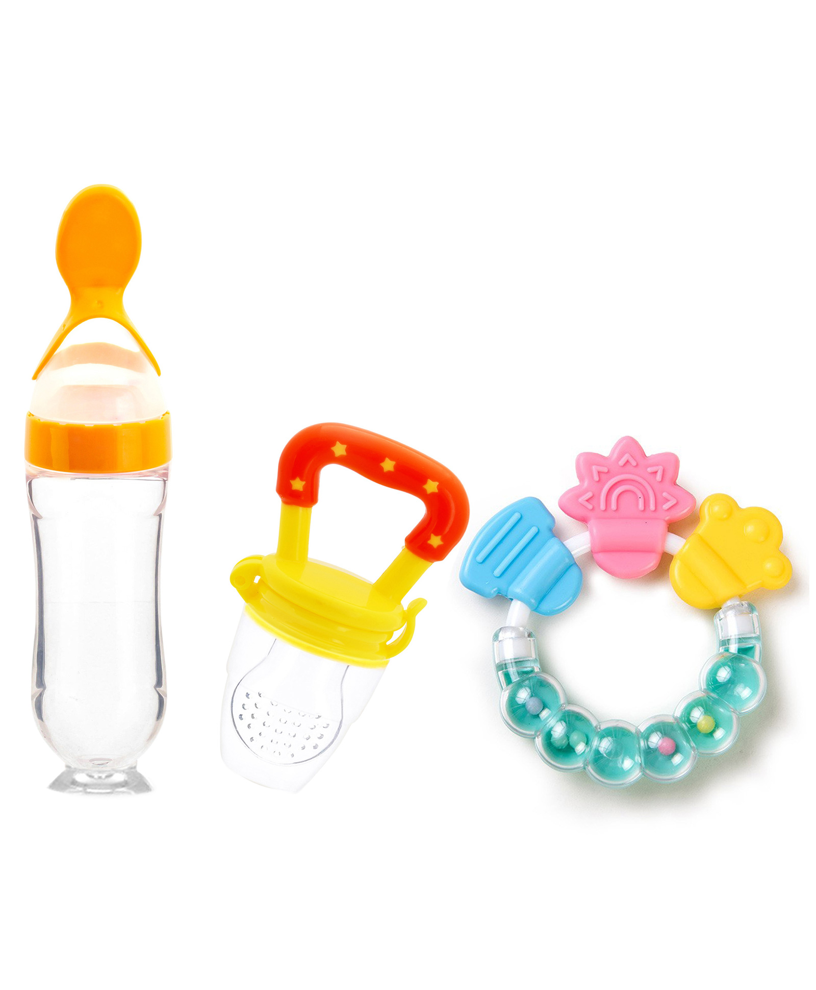 FANTASY INDIA Combo of Fruit And Food Nibbler Spoon Feeder and Rattle Teether- Yellow-image-47