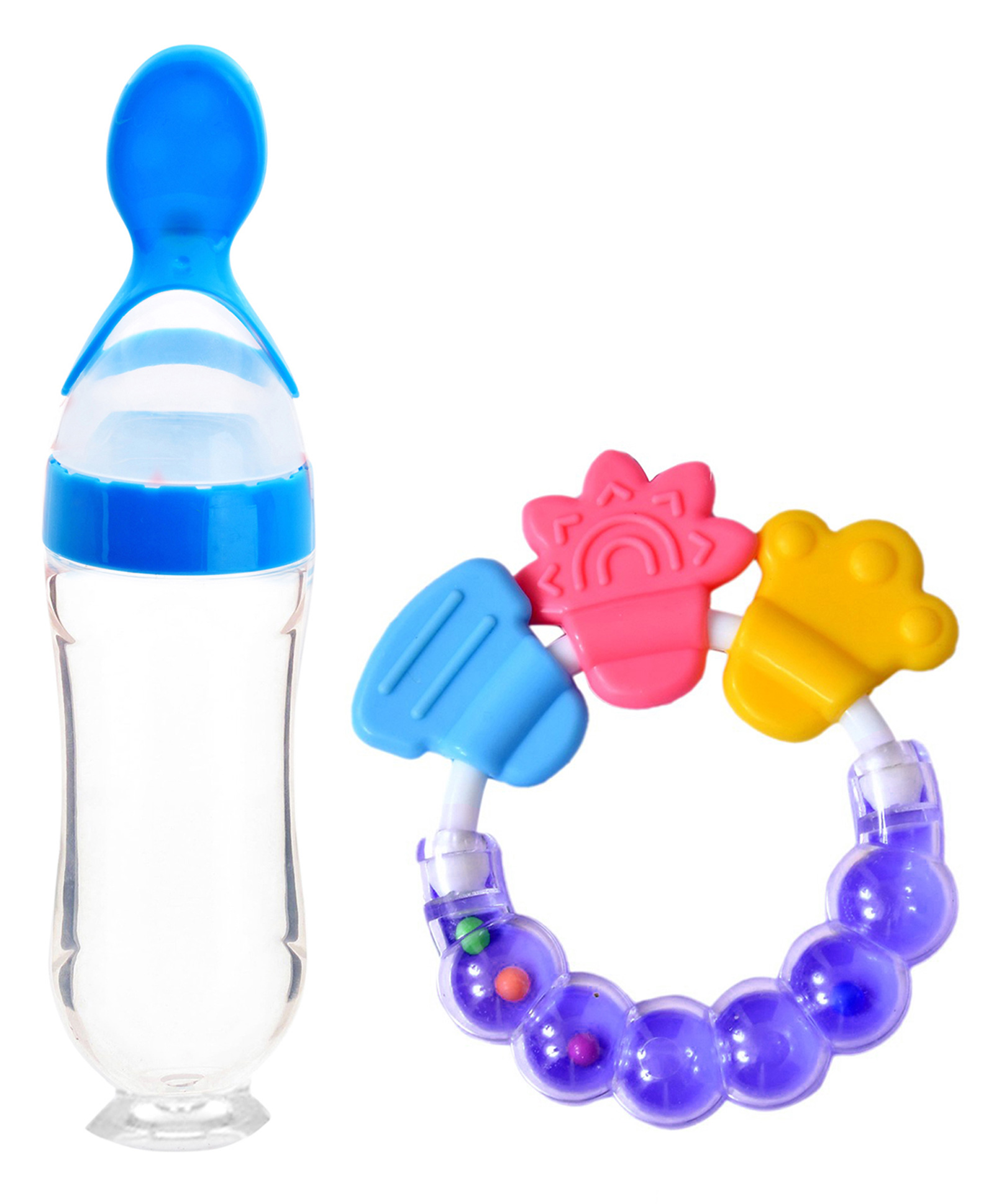 Fantasy India Silicone Squeezy Food Feeder Bottle With Spoon & Rattle Teether - Blue-image-44